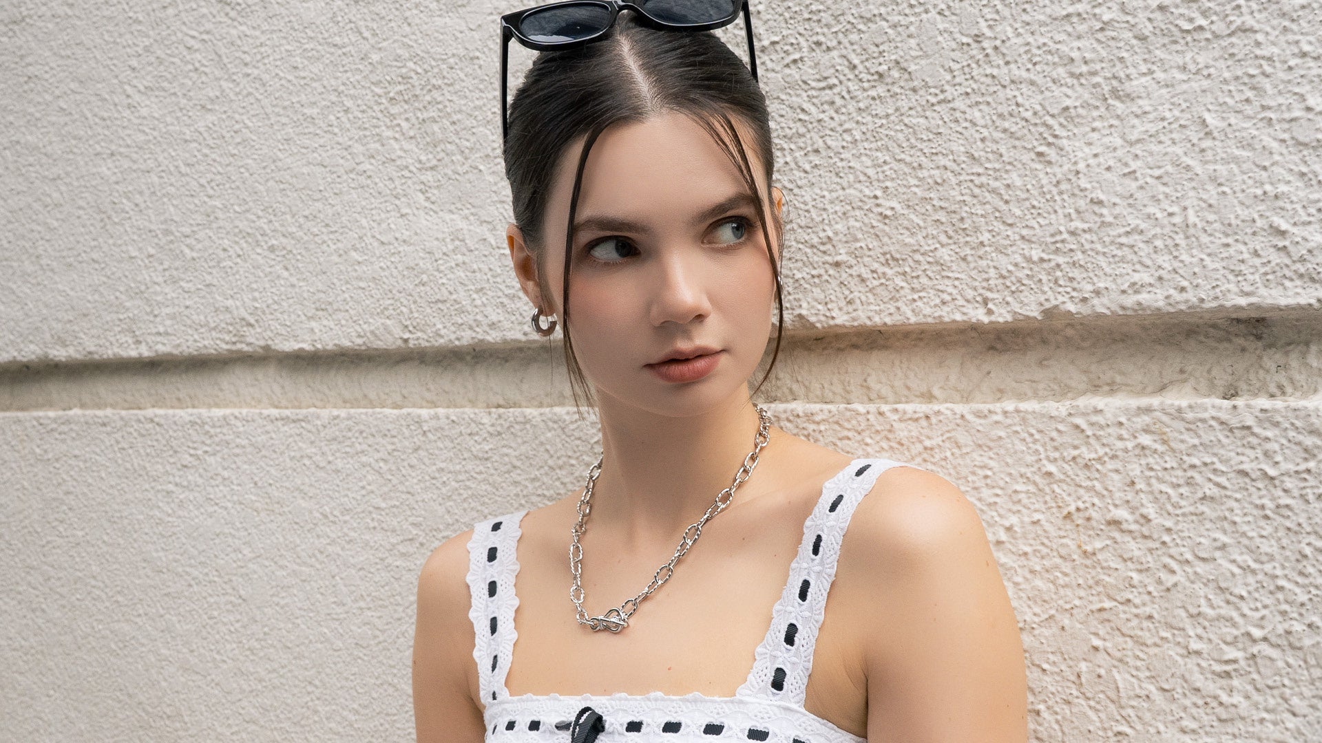 LAVANA silver necklace worn by model in elegant lifestyle shot for Silver Necklaces collection