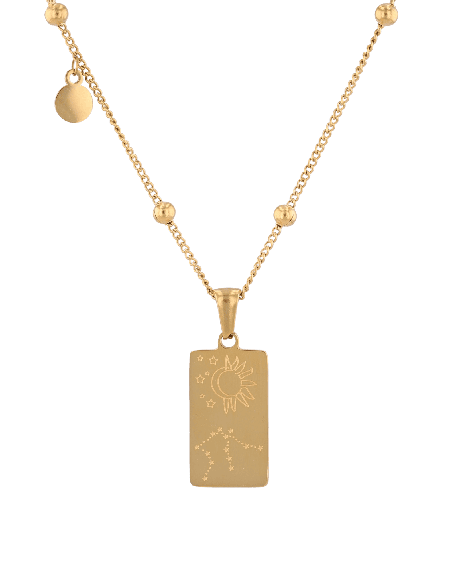 Aquarius Gold Zodiac Tag Necklace by Lavana, engraved tag on beaded chain, back view