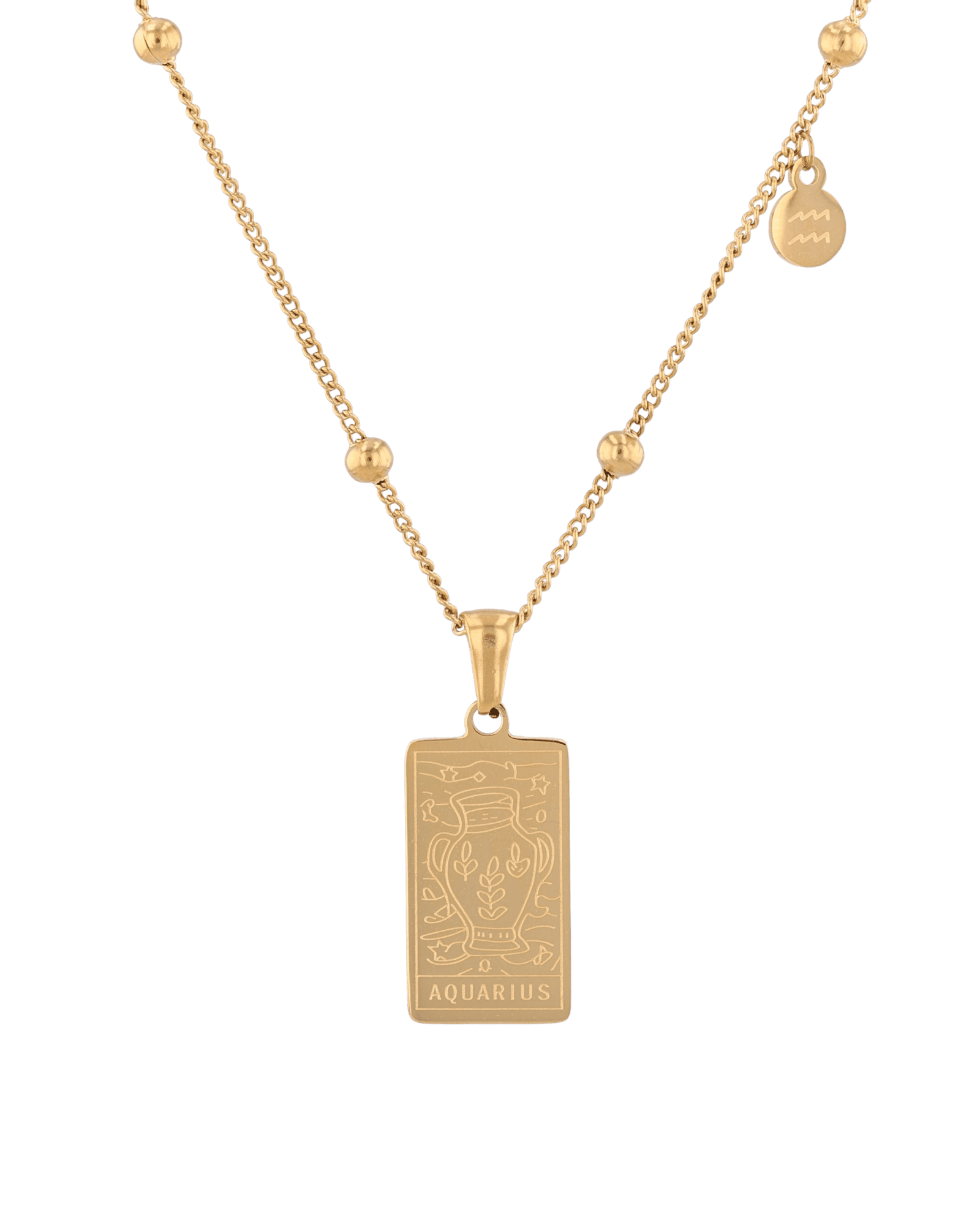 Aquarius Gold Zodiac Tag Necklace by Lavana, engraved tag on beaded chain, front view
