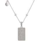 Aquarius Silver Zodiac Tag Necklace by Lavana, engraved tag on beaded chain, back view