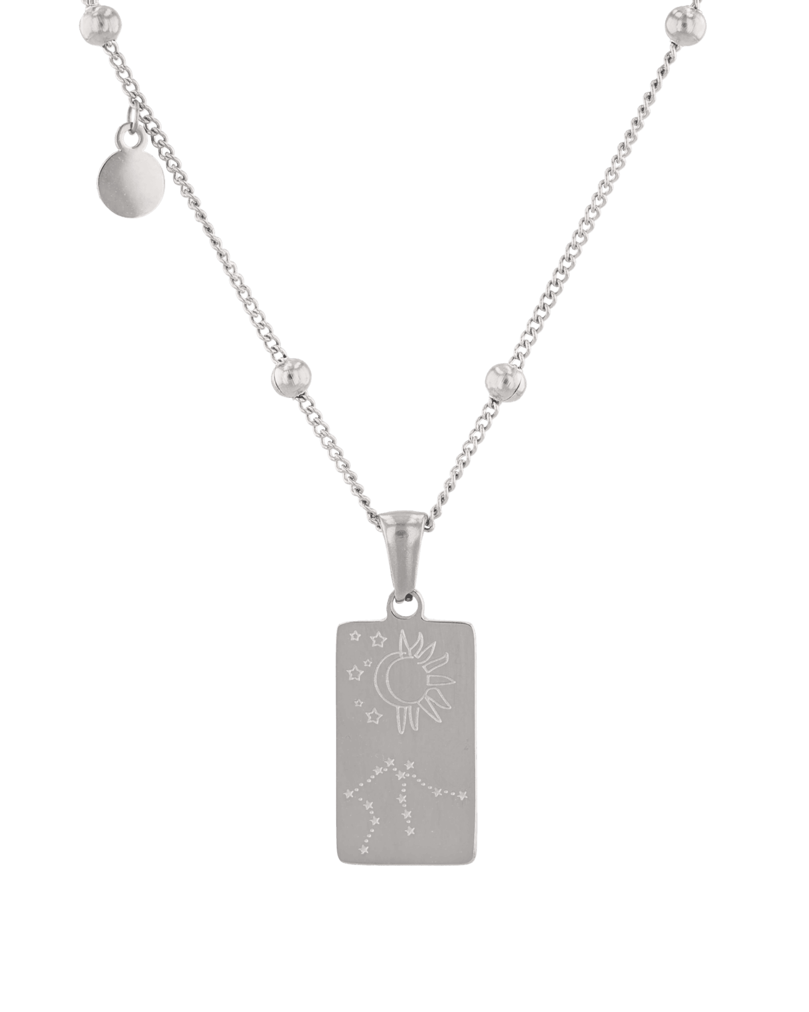 Aquarius Silver Zodiac Tag Necklace by Lavana, engraved tag on beaded chain, back view