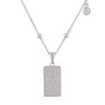 Aquarius Silver Zodiac Tag Necklace by Lavana, engraved tag on beaded chain, front view