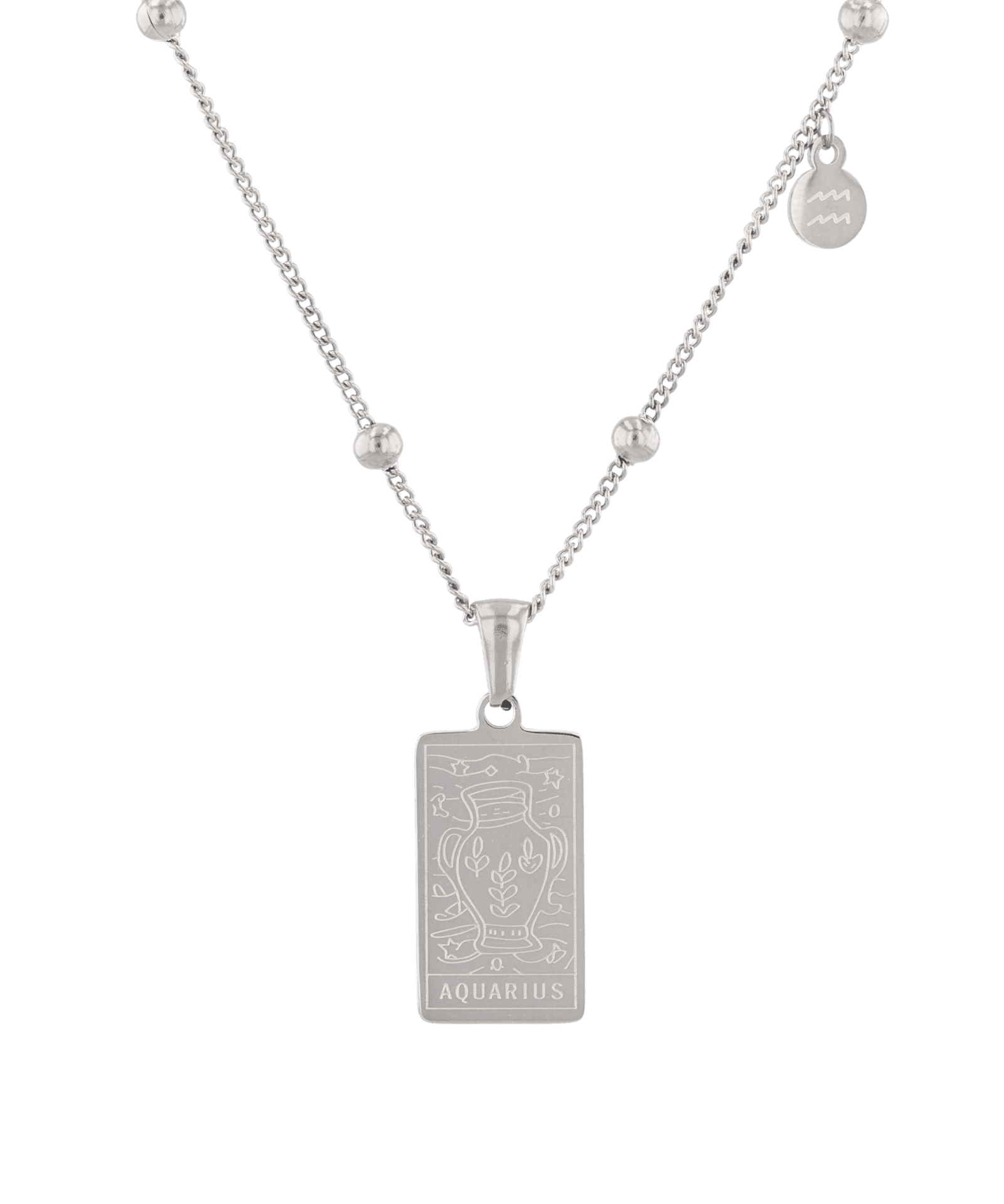 Aquarius Silver Zodiac Tag Necklace by Lavana, engraved tag on beaded chain, front view