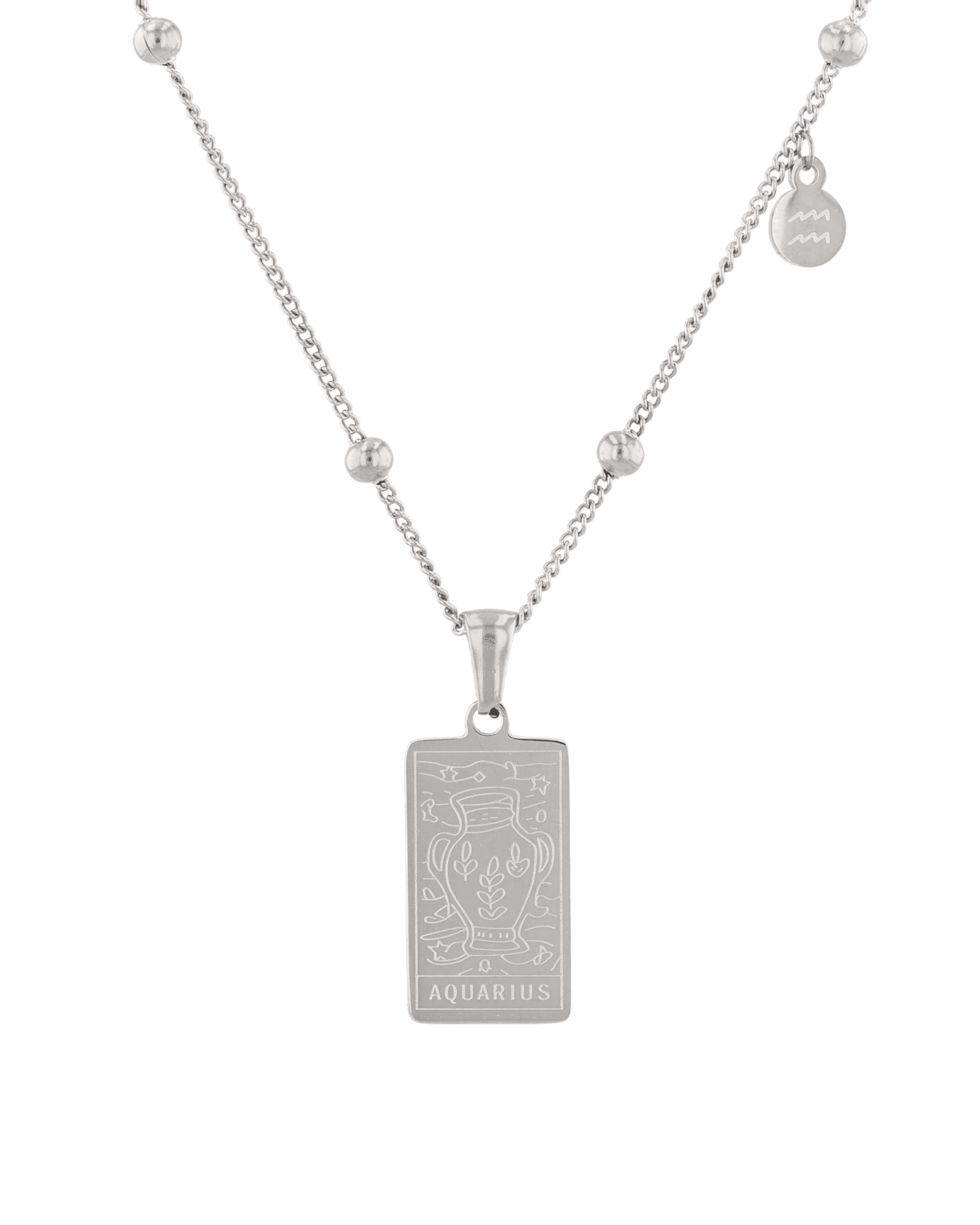 Aquarius Silver Zodiac Tag Necklace by Lavana, engraved tag on beaded chain, front view