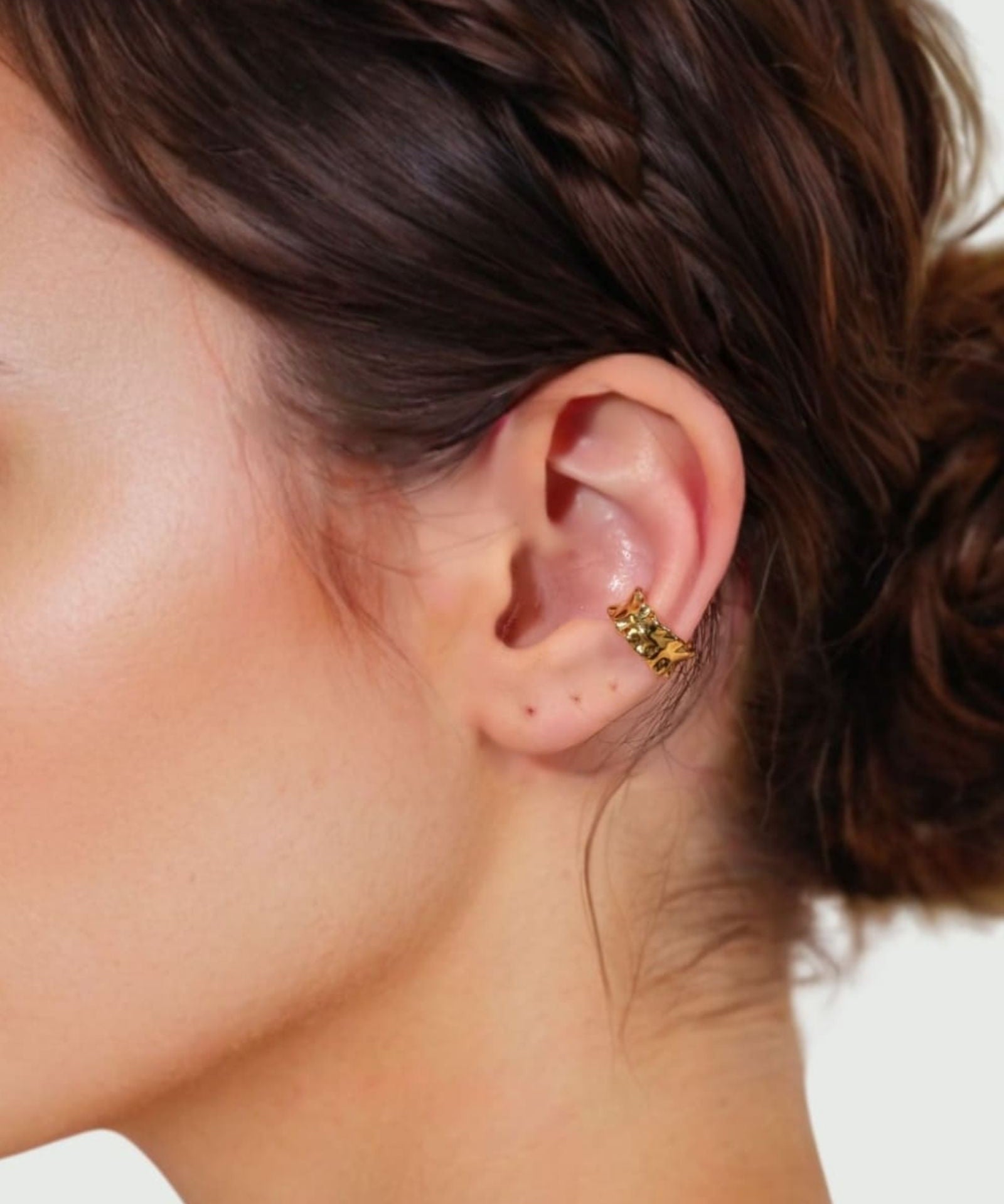 Aria Gold Ear Cuff by LAVANA, on model organic rippled wide trendy ear cuff