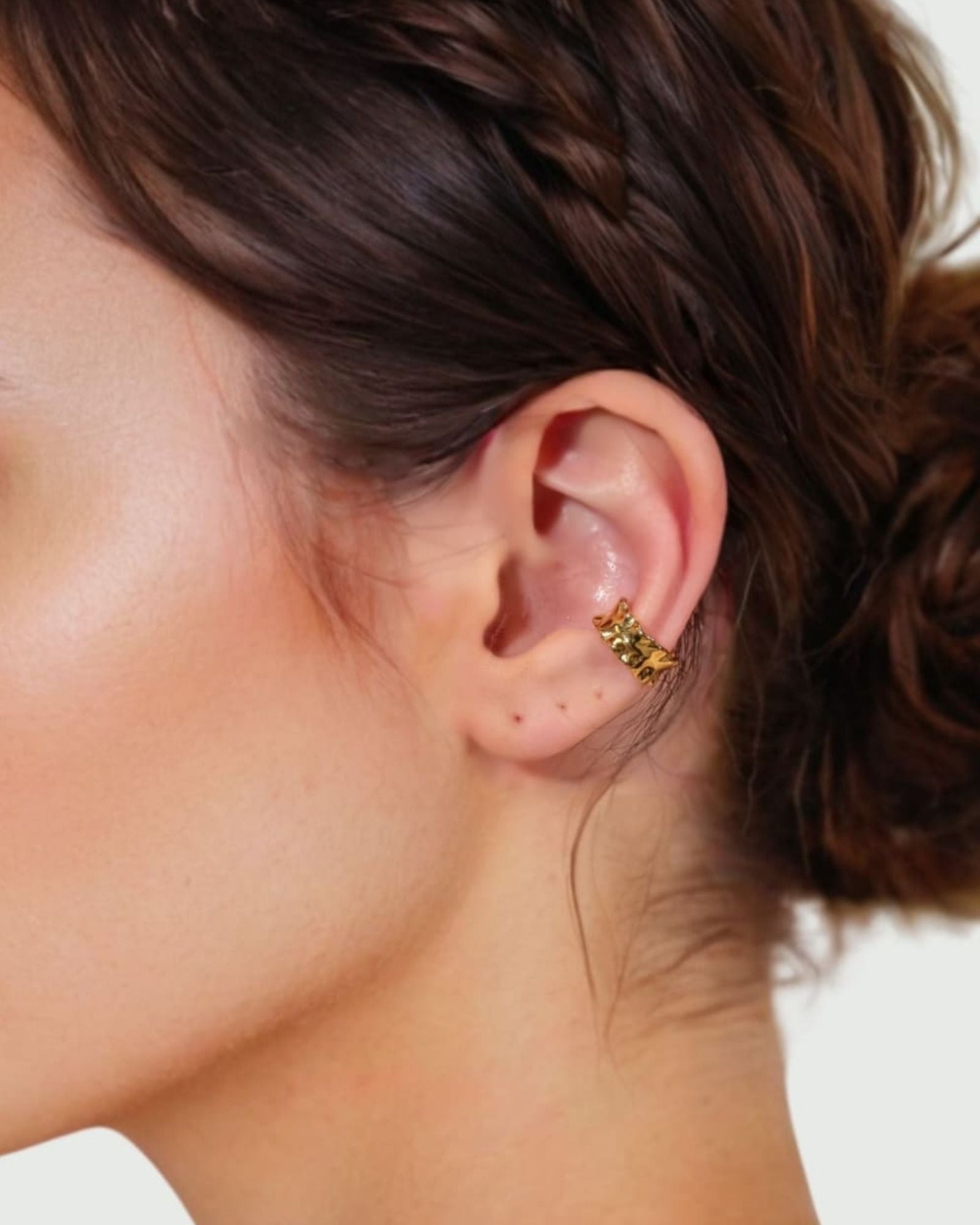 Aria Gold Ear Cuff by LAVANA, on model organic rippled wide trendy ear cuff