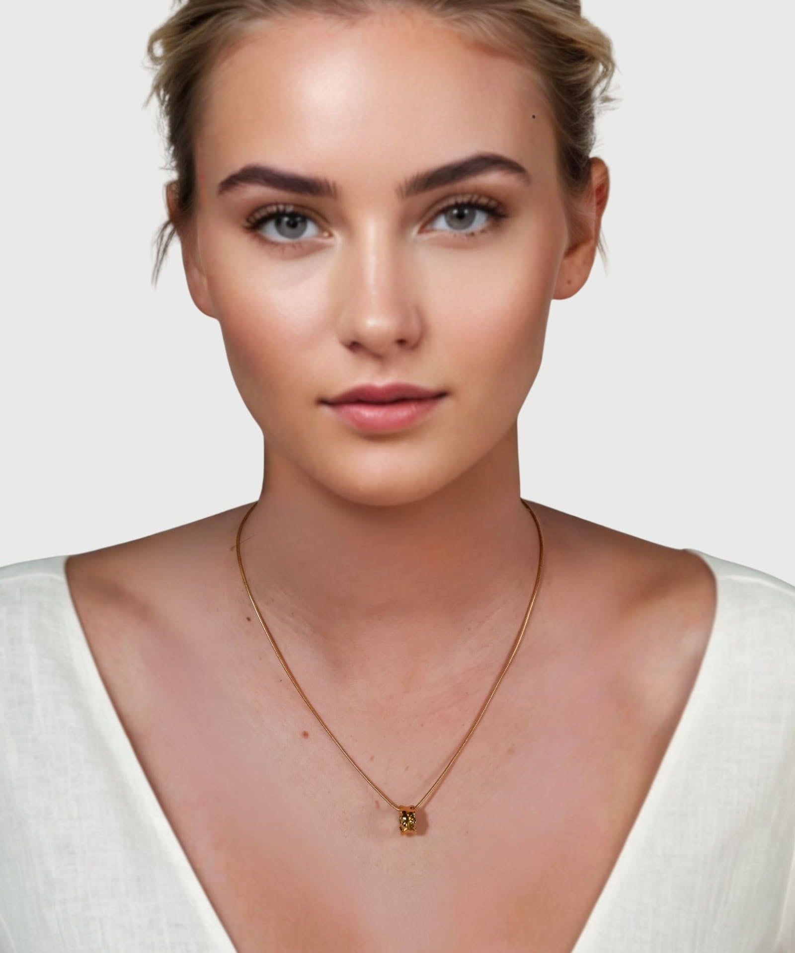 Aria Gold Pendant by Lavana on model smooth molten gold look pendant