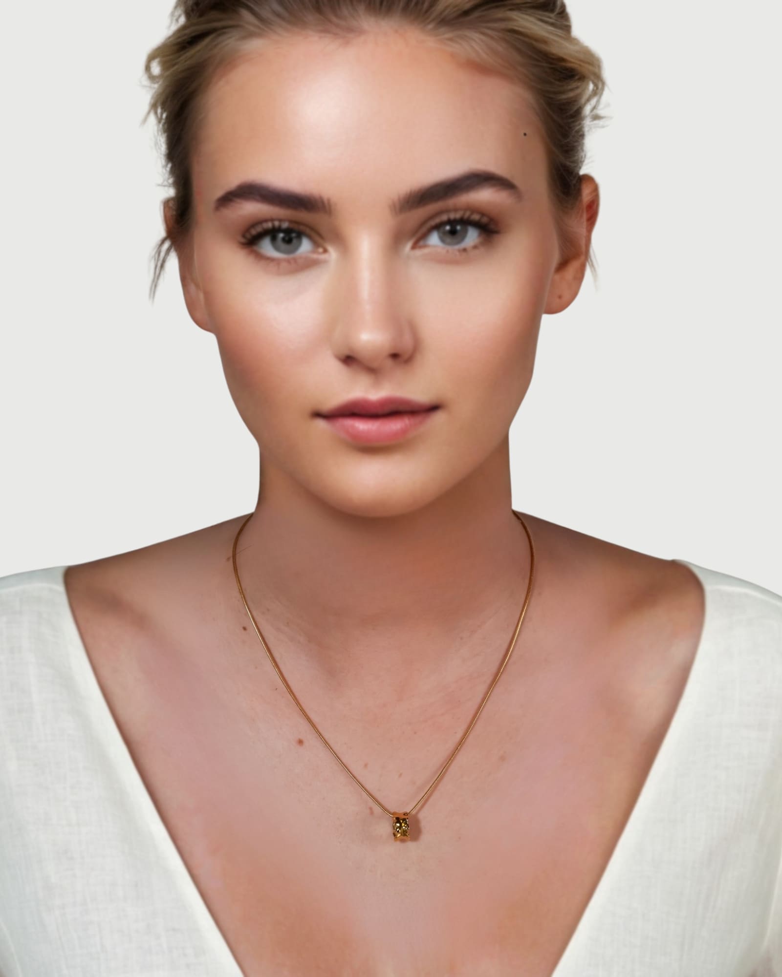 Aria Gold Pendant by Lavana on model smooth molten gold look pendant