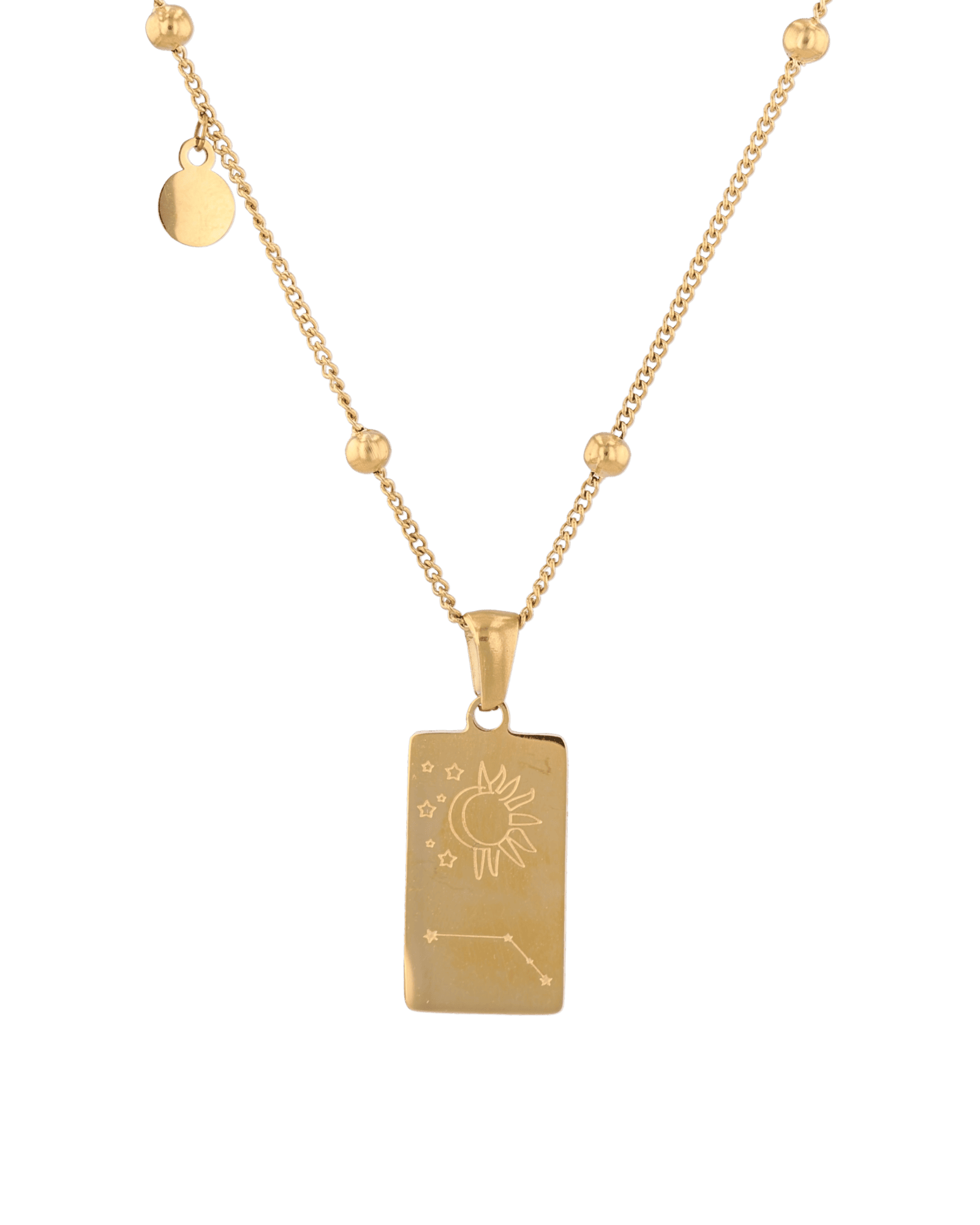 Aries Gold Zodiac Tag Necklace by Lavana, engraved tag front and back on beaded station chain, back view