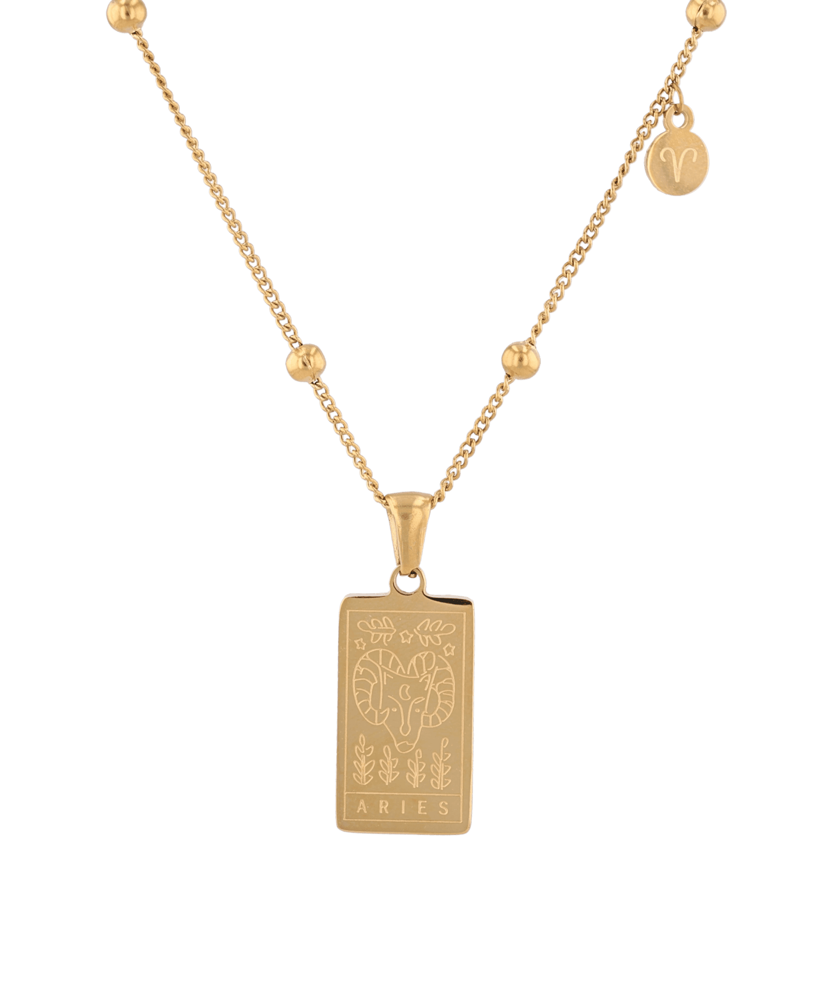 Aries Gold Zodiac Tag Necklace by Lavana, engraved tag front and back on beaded station chain, front view