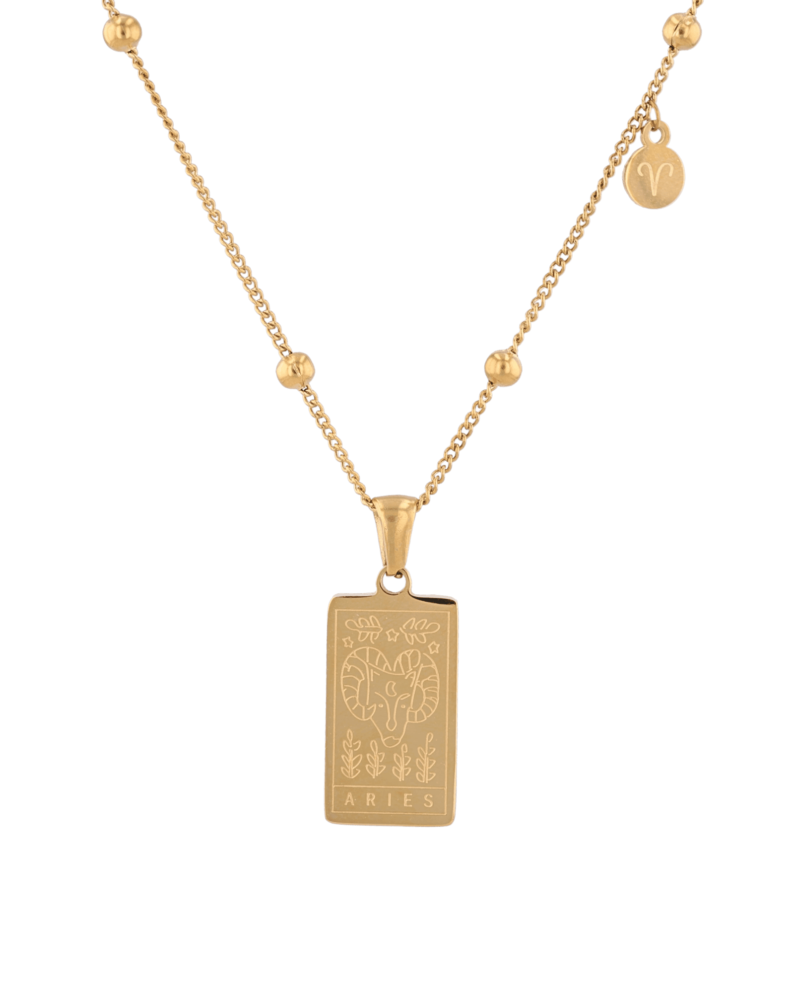 Aries Gold Zodiac Tag Necklace by Lavana, engraved tag front and back on beaded station chain, front view