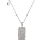 Aries Silver Zodiac Tag Necklace by Lavana, engraved tag front and back on beaded station chain, back view