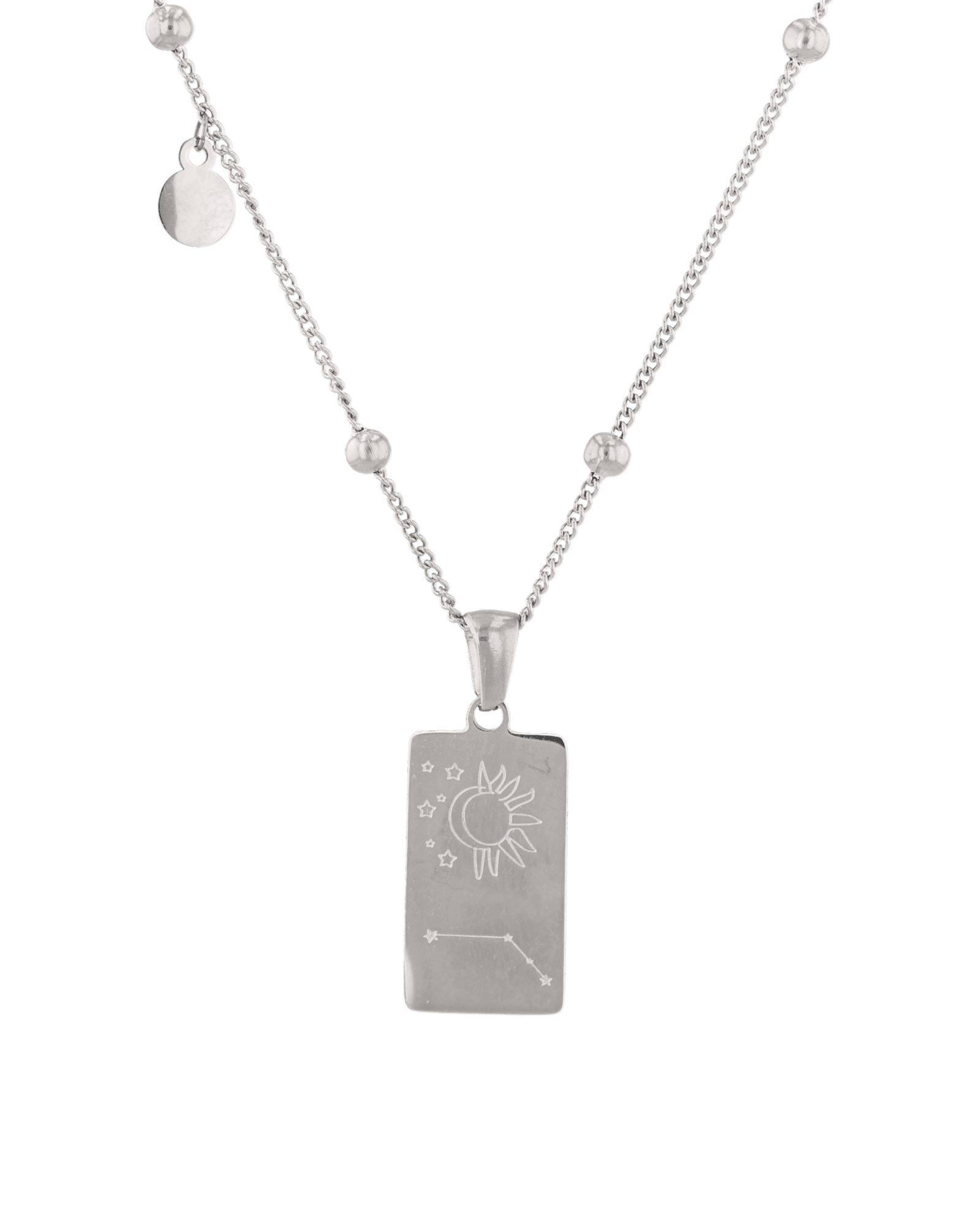 Aries Silver Zodiac Tag Necklace by Lavana, engraved tag front and back on beaded station chain, back view