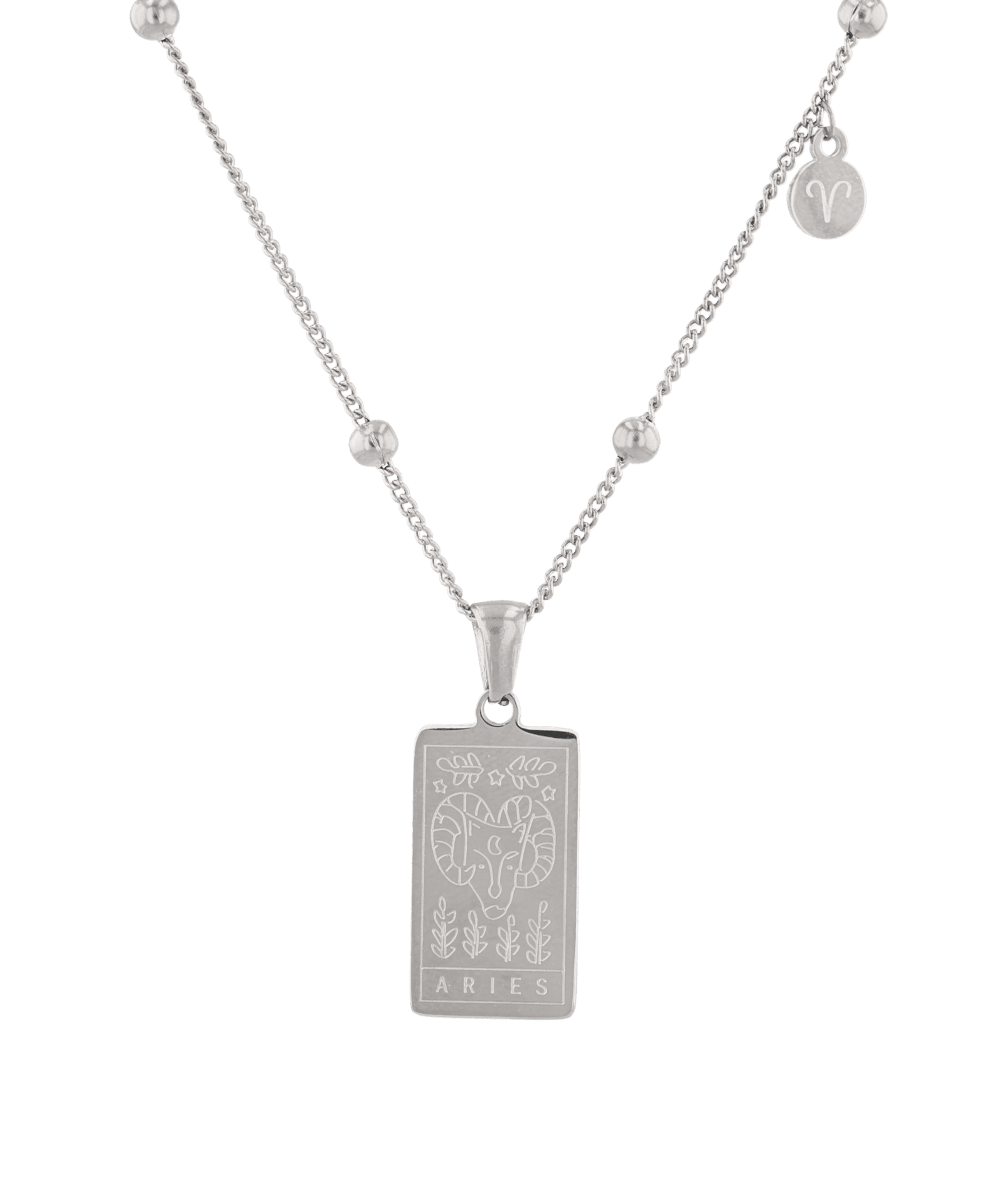 Aries Silver Zodiac Tag Necklace by Lavana, engraved tag front and back on beaded station chain, front view