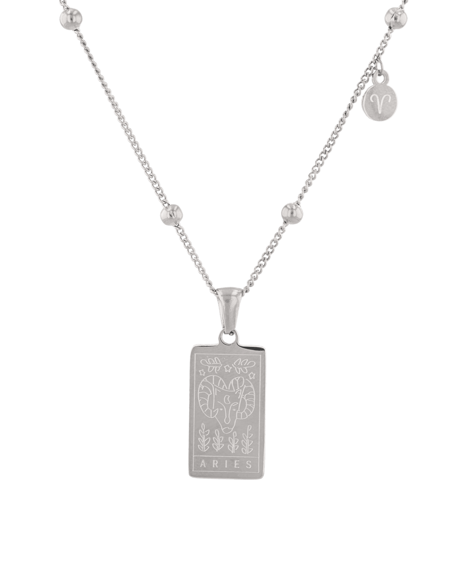 Aries Silver Zodiac Tag Necklace by Lavana, engraved tag front and back on beaded station chain, front view