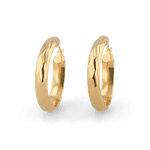 Aura Gold Hoop Earrings by Lavana, wide medium hoops with angled light catching detail