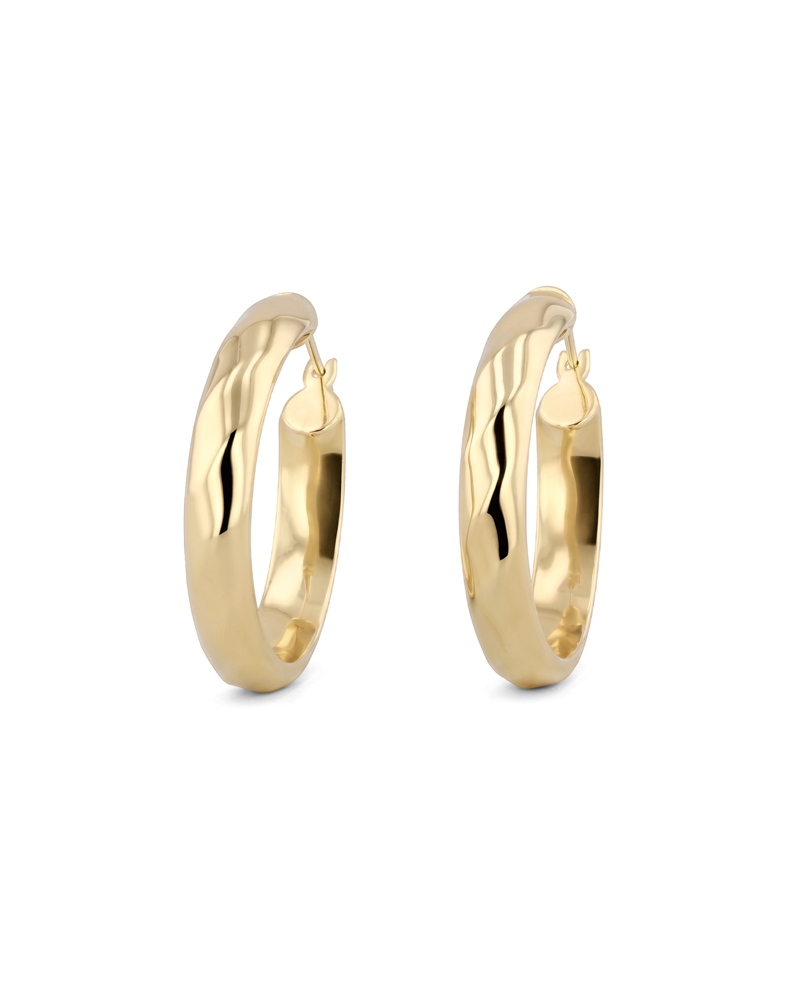 Aura Gold Hoop Earrings by Lavana, wide medium hoops with angled light catching detail