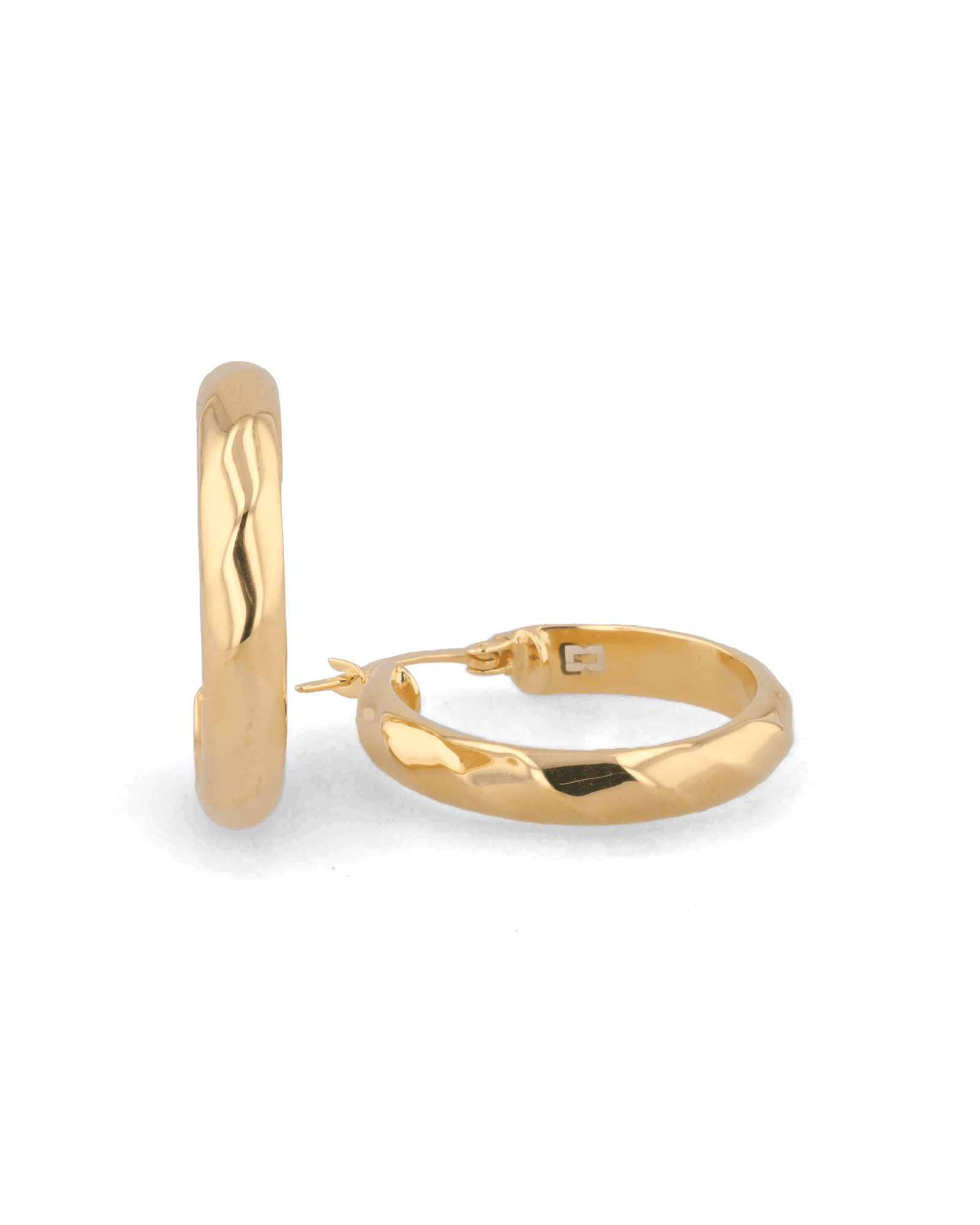 Aura Gold Hoop Earrings by Lavana, wide medium hoops with angled light catching detail