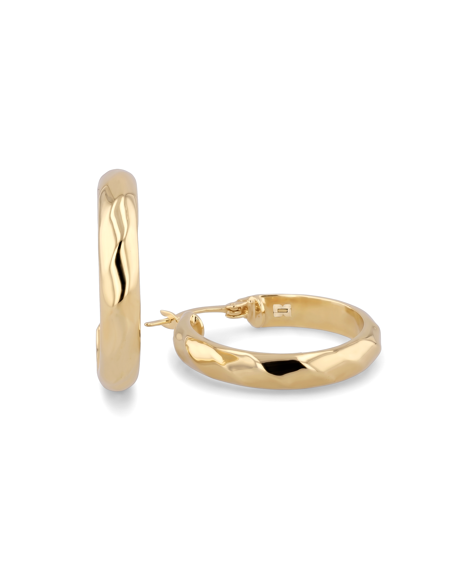 Aura Gold Hoop Earrings by Lavana, wide medium hoops with angled light catching detail