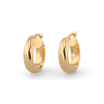 Aura Gold Hoop Earrings by Lavana, wide medium hoops with angled light catching detail