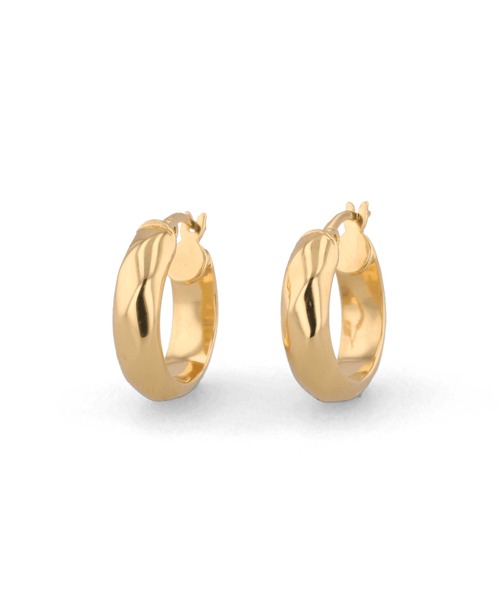 Aura Gold Hoop Earrings by Lavana, wide medium hoops with angled light catching detail