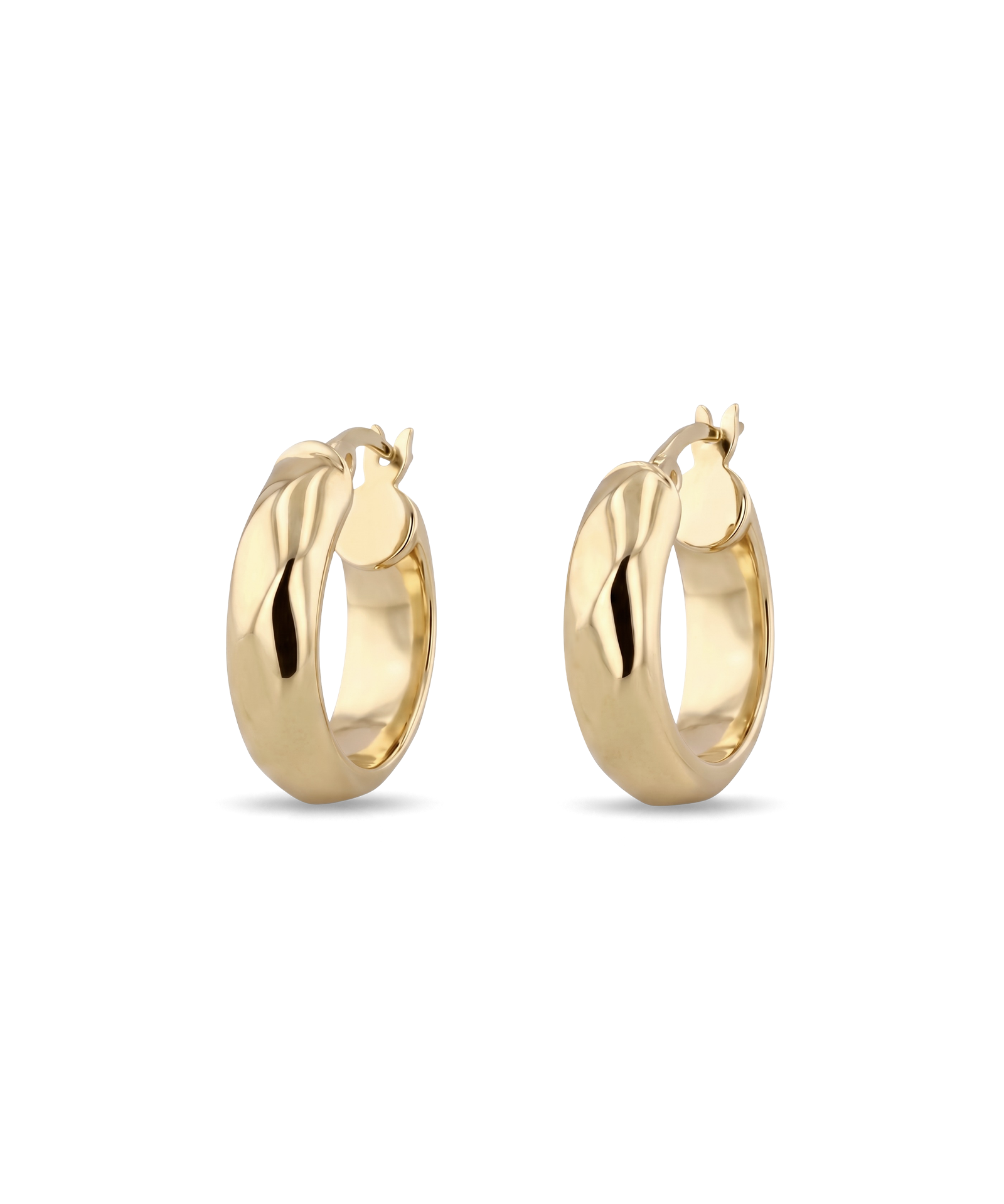 Aura Gold Hoop Earrings by Lavana, wide medium hoops with angled light catching detail