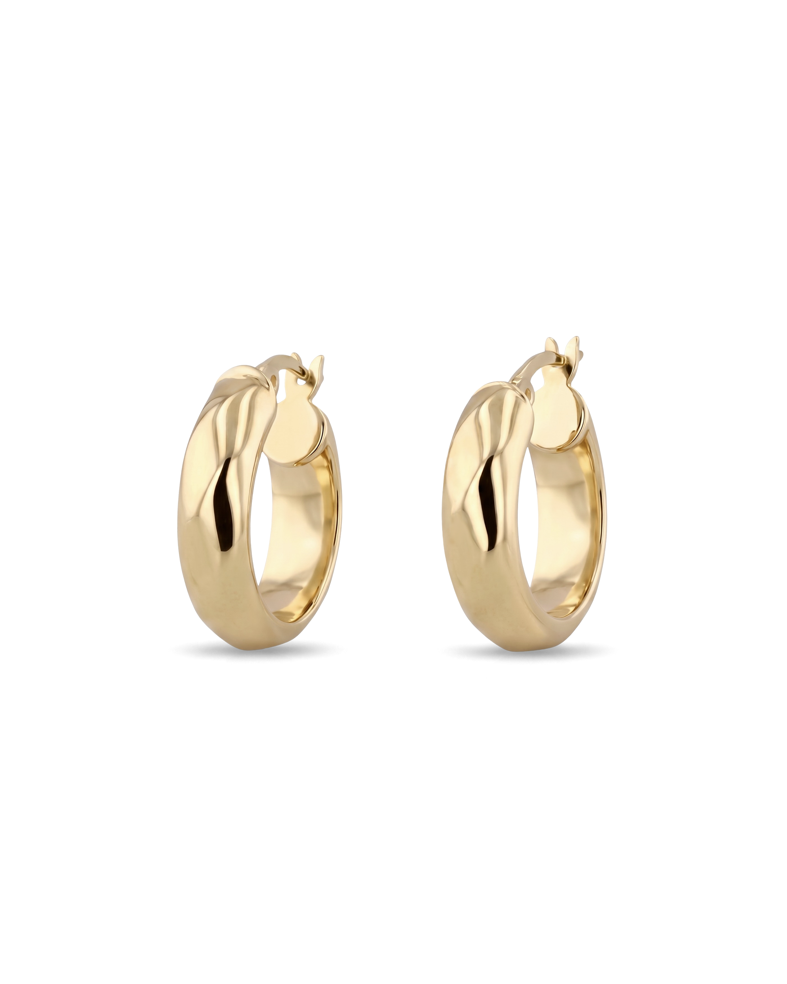 Aura Gold Hoop Earrings by Lavana, wide medium hoops with angled light catching detail