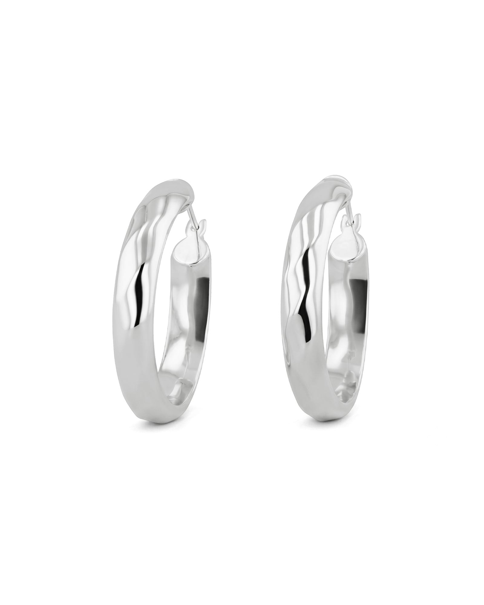 Aura Silver Hoop Earrings by Lavana, medium width hoops with angled light catching detail