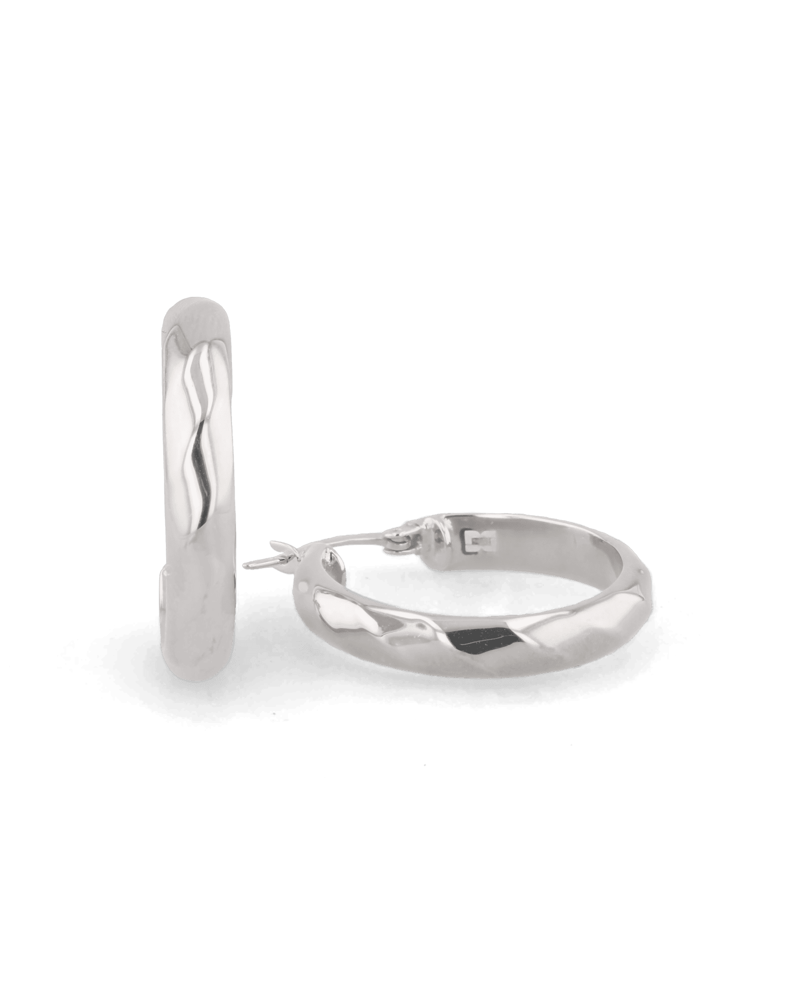 Aura Silver Hoop Earrings by Lavana, medium width hoops with angled light catching detail