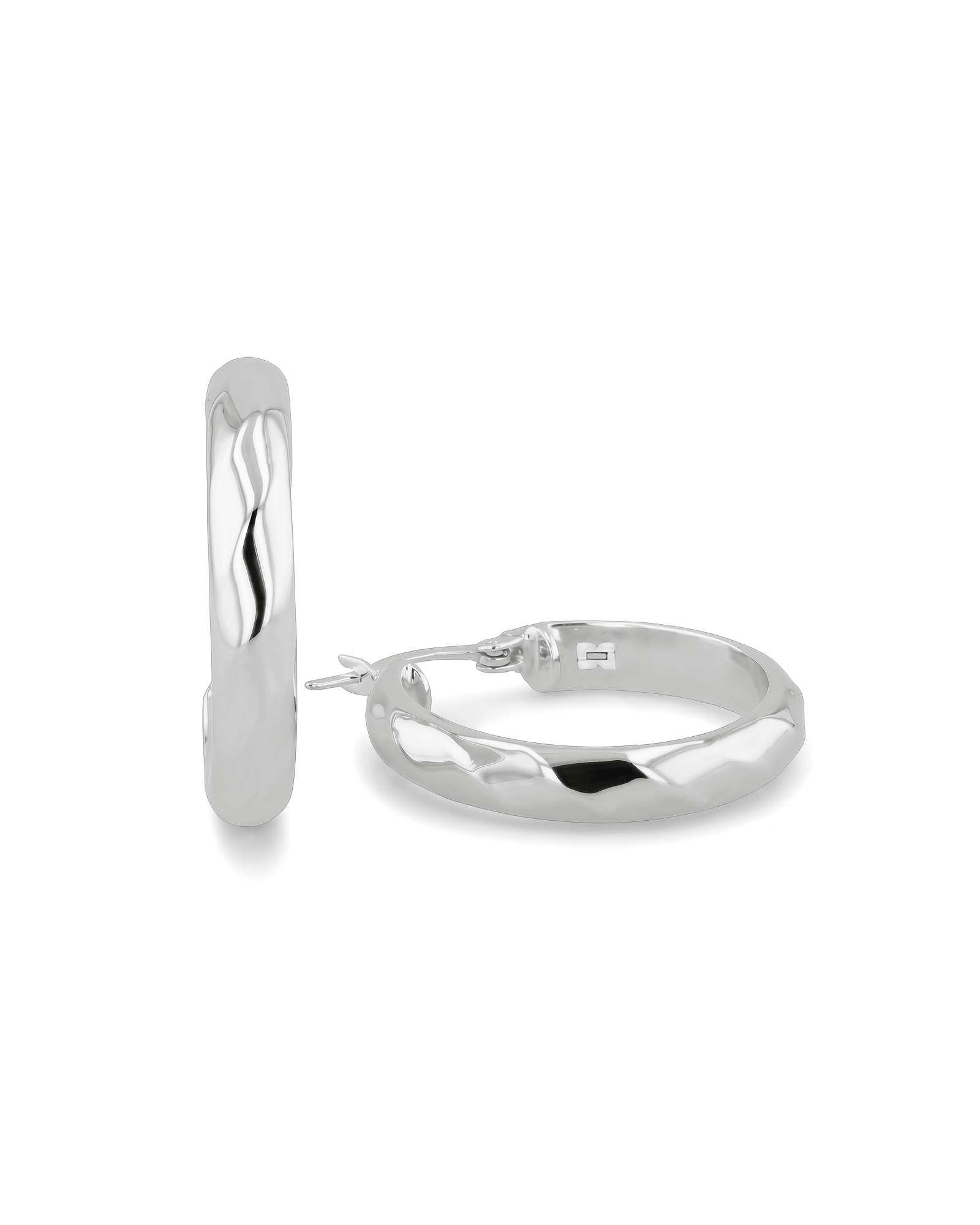 Aura Silver Hoop Earrings by Lavana, medium width hoops with angled light catching detail