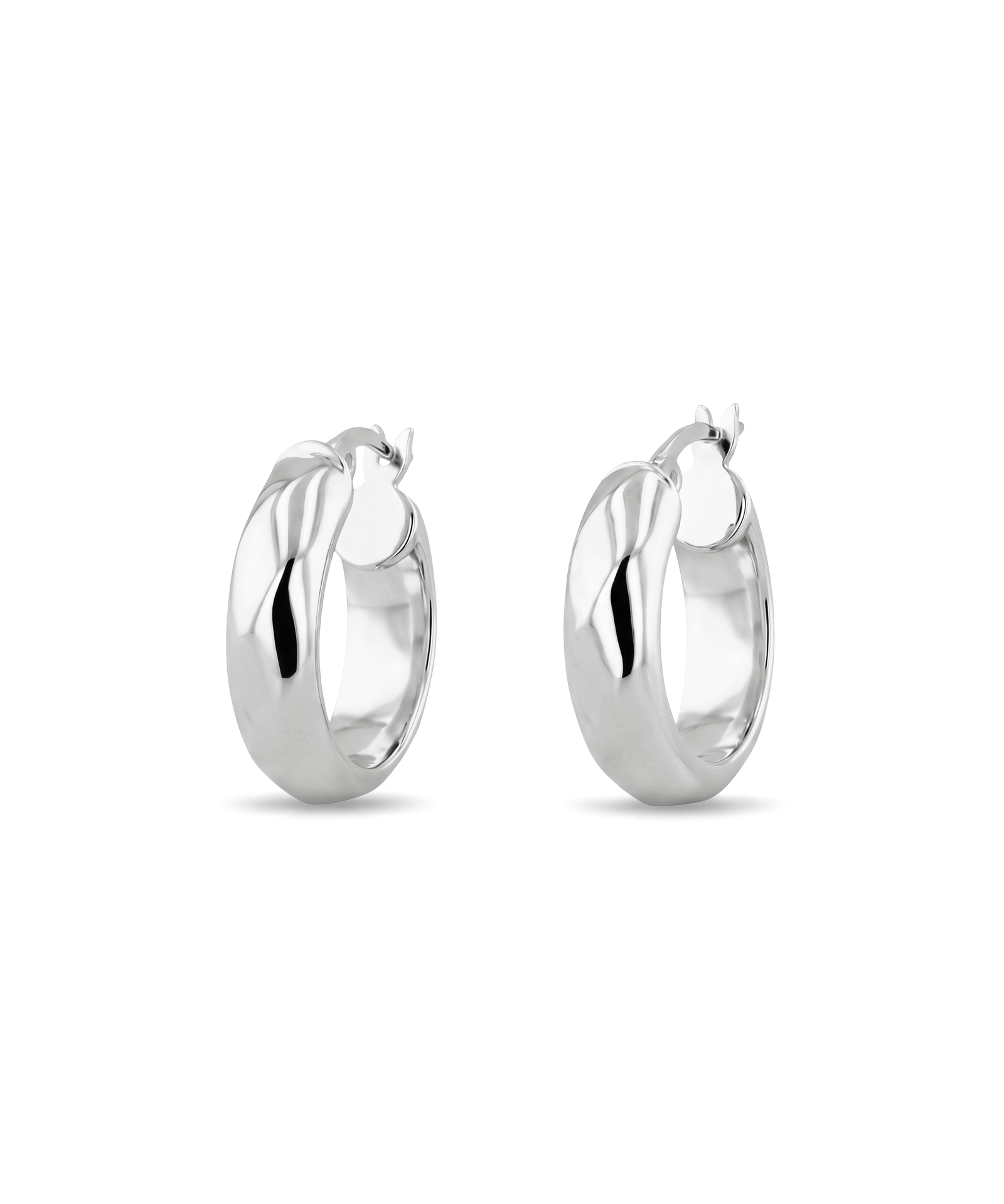 Aura Silver Hoop Earrings by Lavana, medium width hoops with angled light catching detail