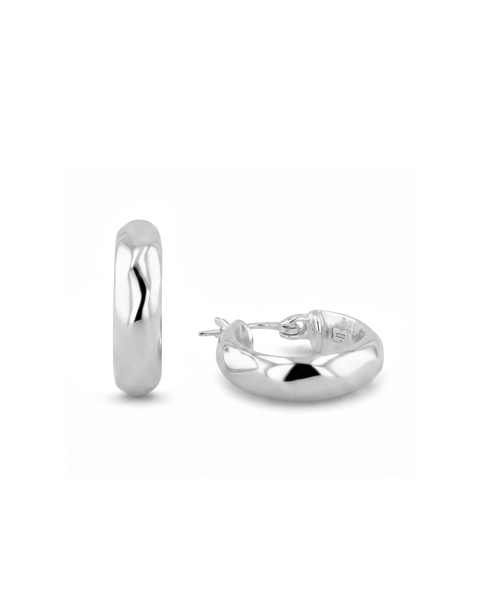 Aura Silver Hoop Earrings by Lavana, medium width hoops with angled light catching detail
