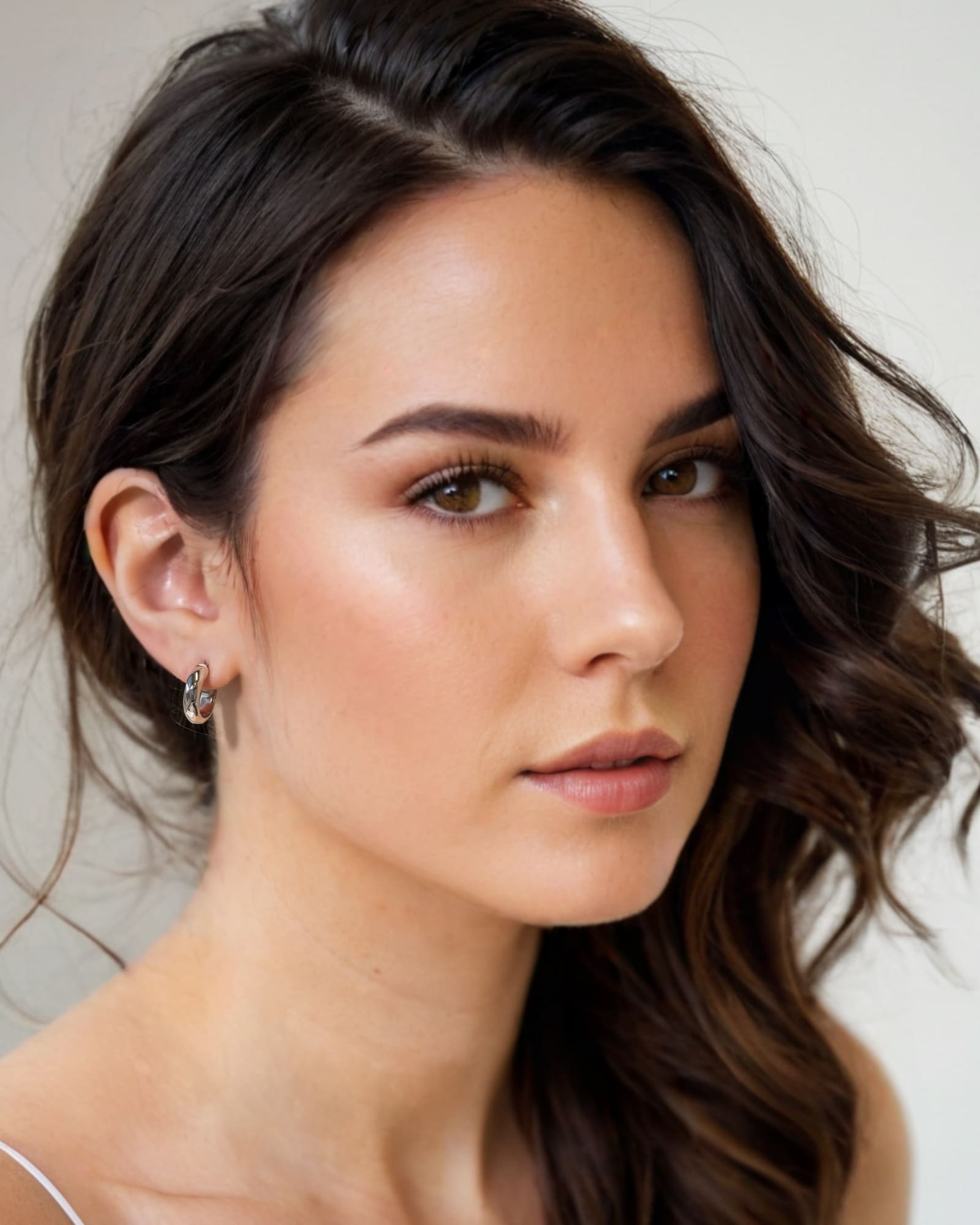 Aura Silver Hoop Earrings Small by Lavana on model wide medium hoops with angled light catching detail