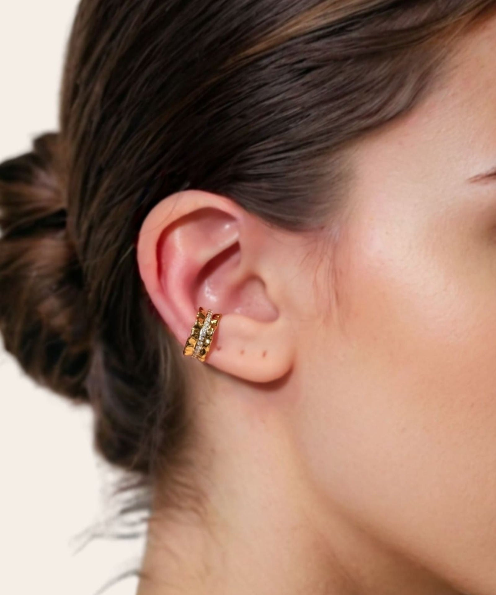 Aurora Gold Ear Cuff by Lavana on model inched row of lab grown diamonds