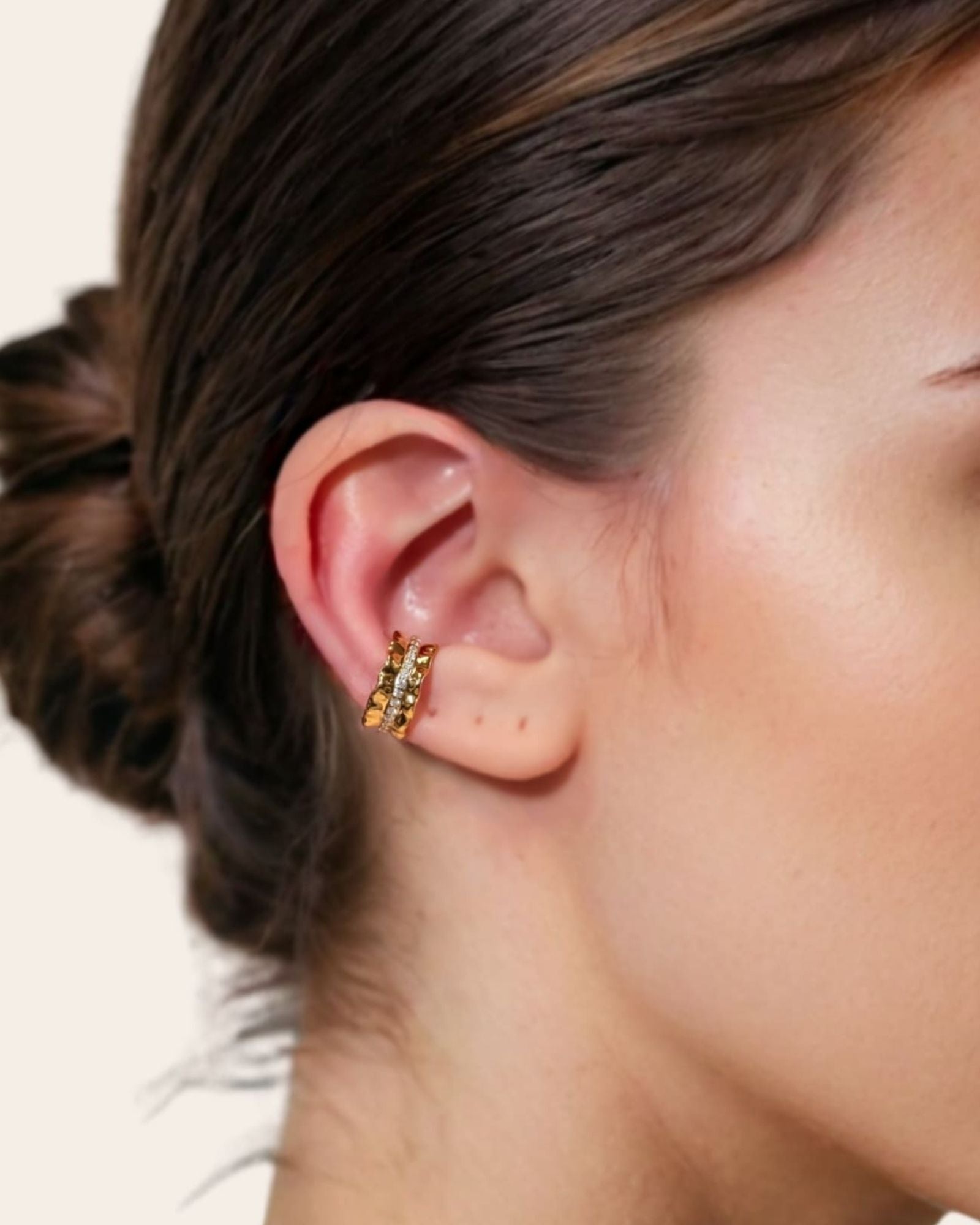 Aurora Gold Ear Cuff by Lavana on model inched row of lab grown diamonds