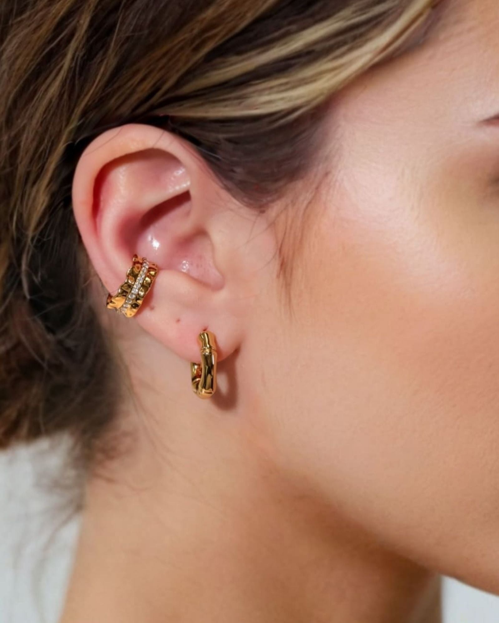 Aurora Gold Ear Cuff by Lavana on model inched row of lab grown diamonds