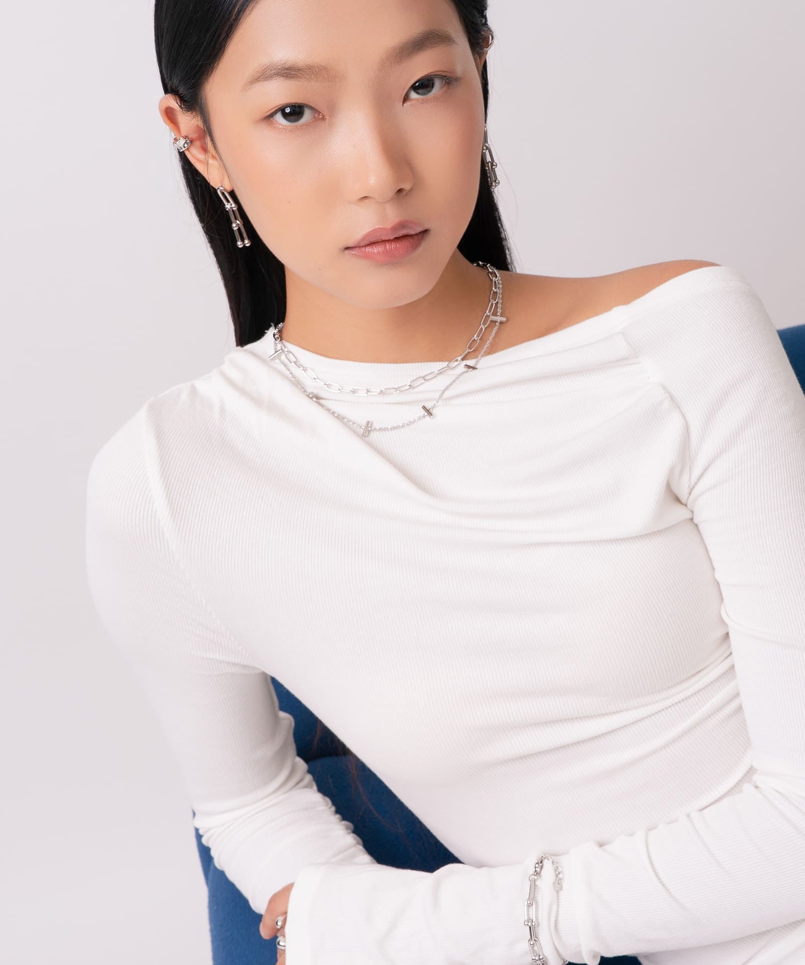 Axis Bar Silver Chain Necklace by Lavana, on model; elegant fine chain with evenly spaced bar stations