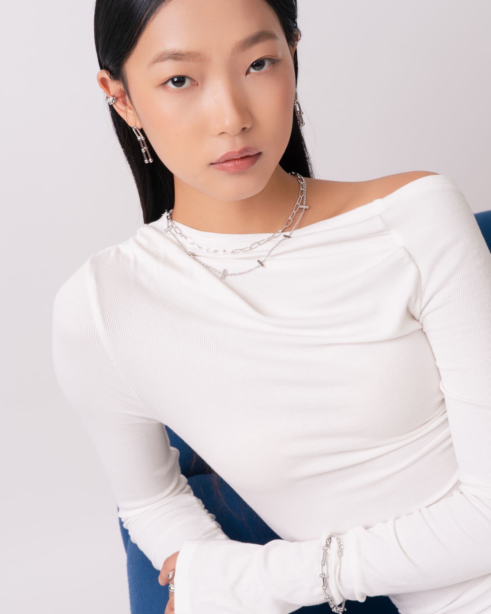 Axis Bar Silver Chain Necklace by Lavana, on model; elegant fine chain with evenly spaced bar stations