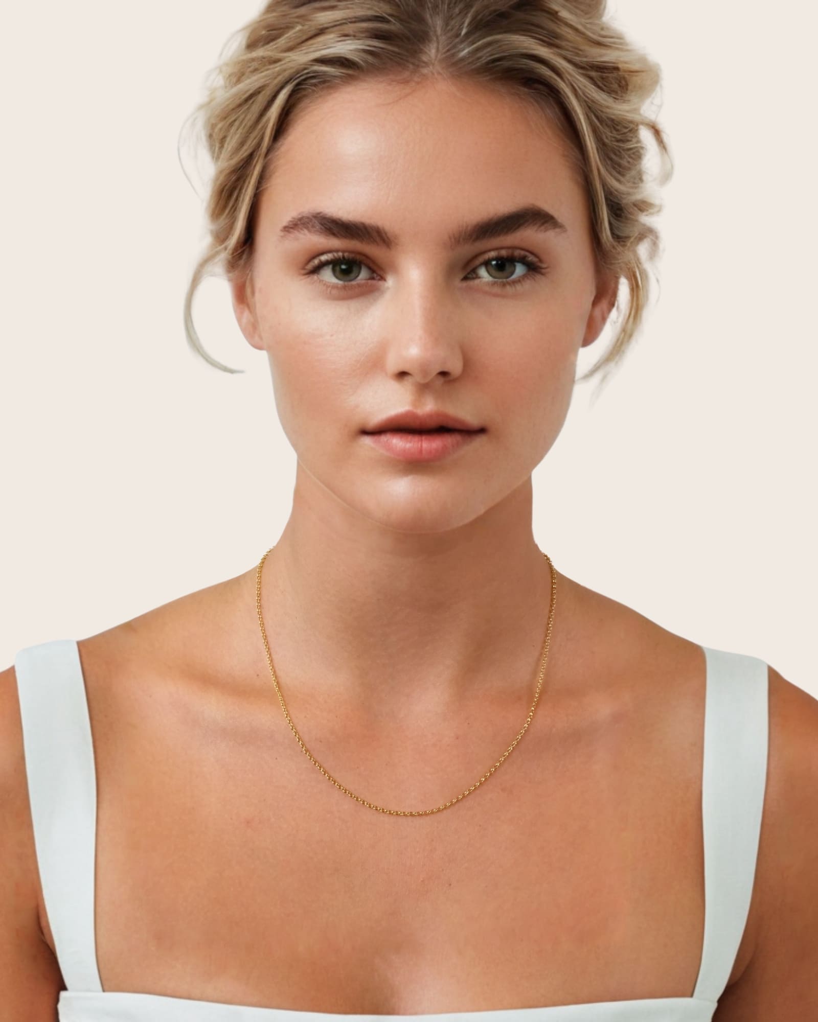 Baby Belcher Gold Chain Necklace by Lavana, on model; medium with fine rounded belcher links