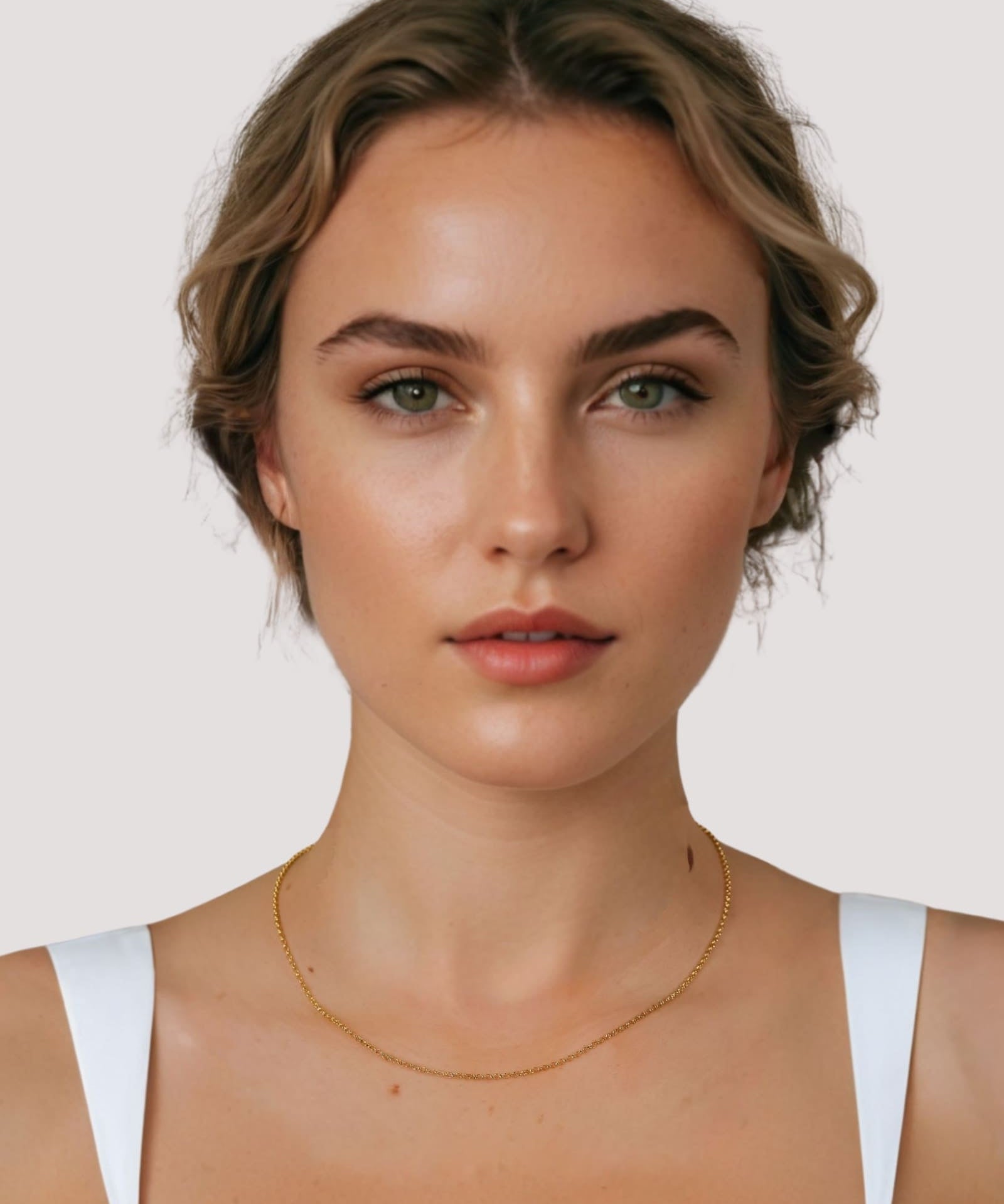 Baby Belcher Gold Chain Necklace by Lavana on model with fine rounded belcher links