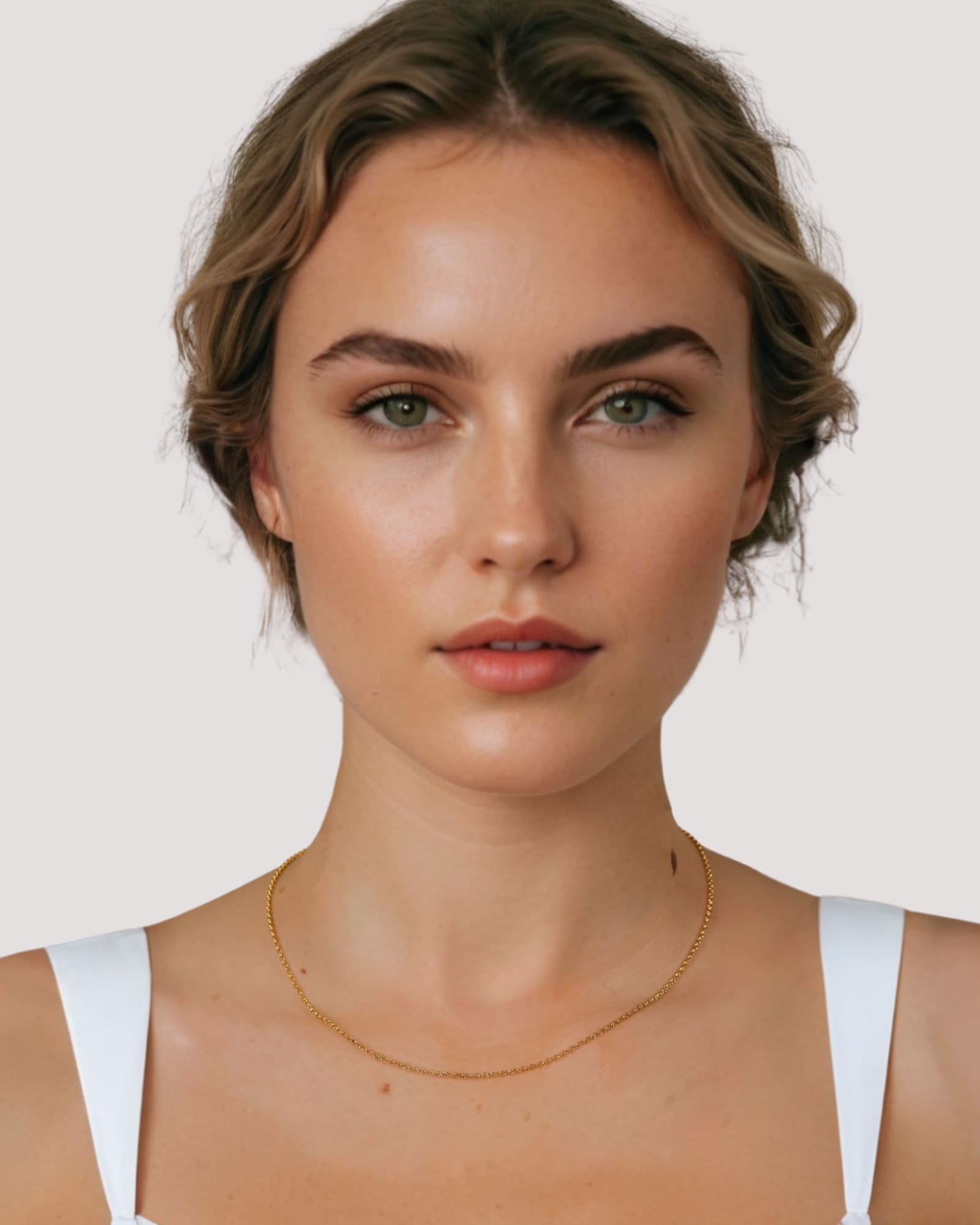 Baby Belcher Gold Chain Necklace by Lavana on model with fine rounded belcher links