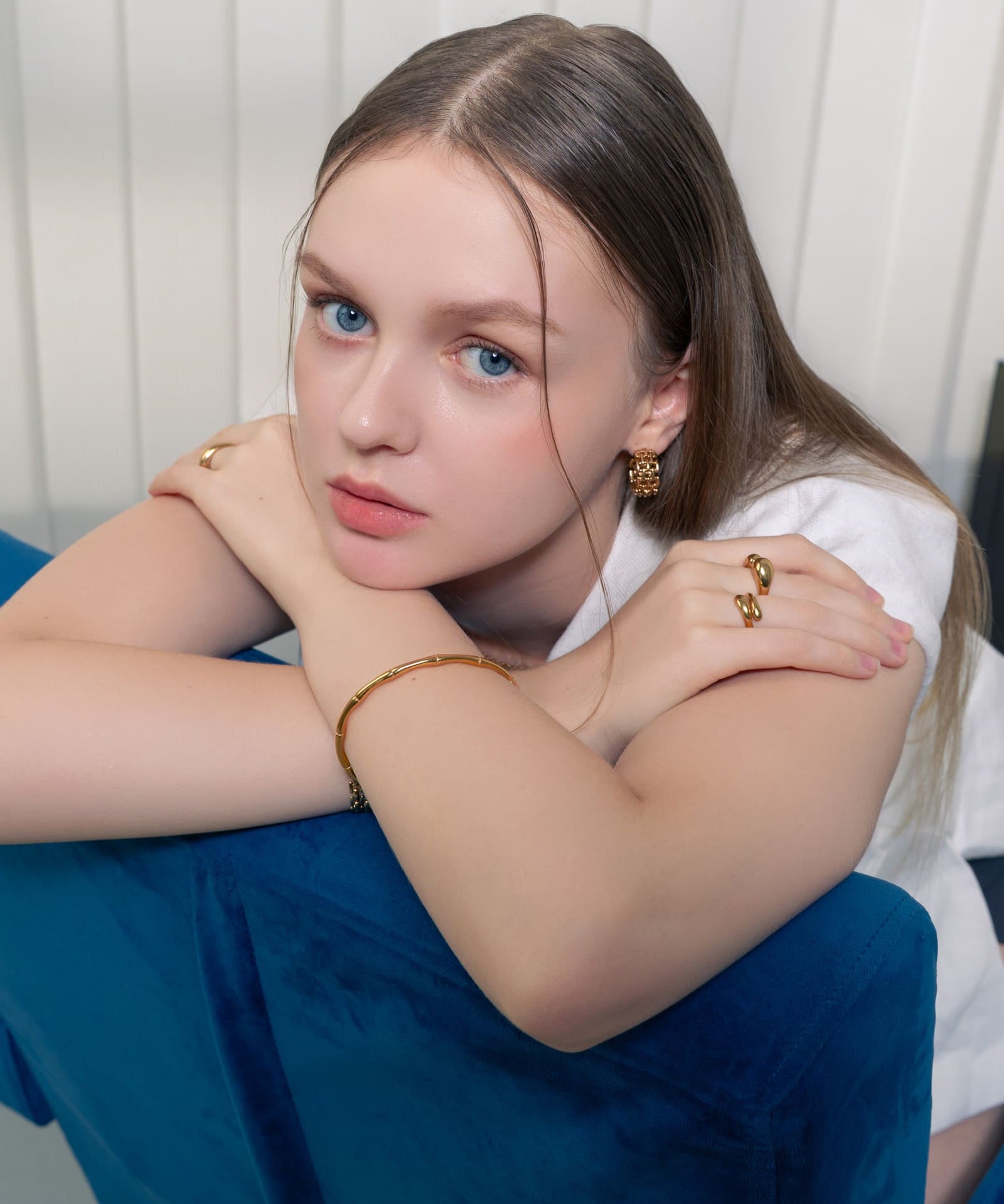 Bamboo Gold Cuff Bracelet by Lavana, on model with polished bamboo texture on an open classic cuff