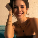 Bamboo Gold Cuff Bracelet by Lavana, on model; with polished bamboo texture on an open classic cuff 