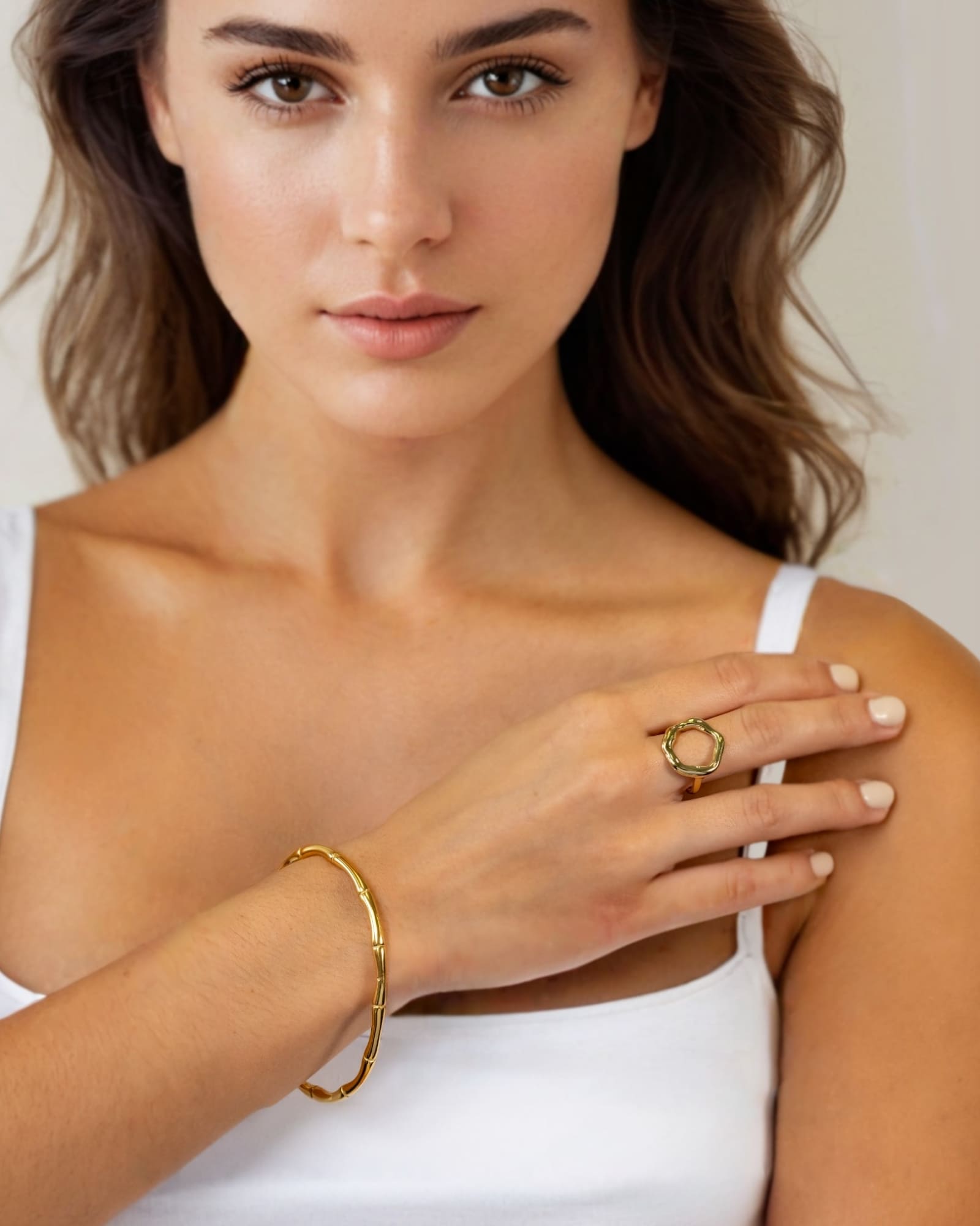 Bamboo Gold Cuff Bracelet by Lavana on model with polished bamboo texture on an open cuff