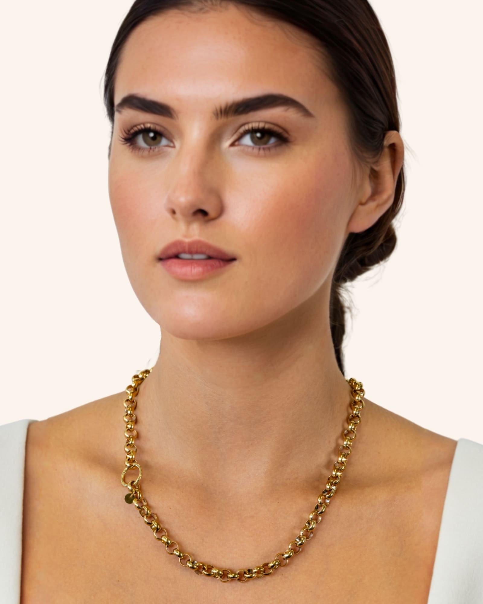 Belcher Charm Gold Chain Necklace by Lavana, on model chunky belcher links with openable front ring for charms