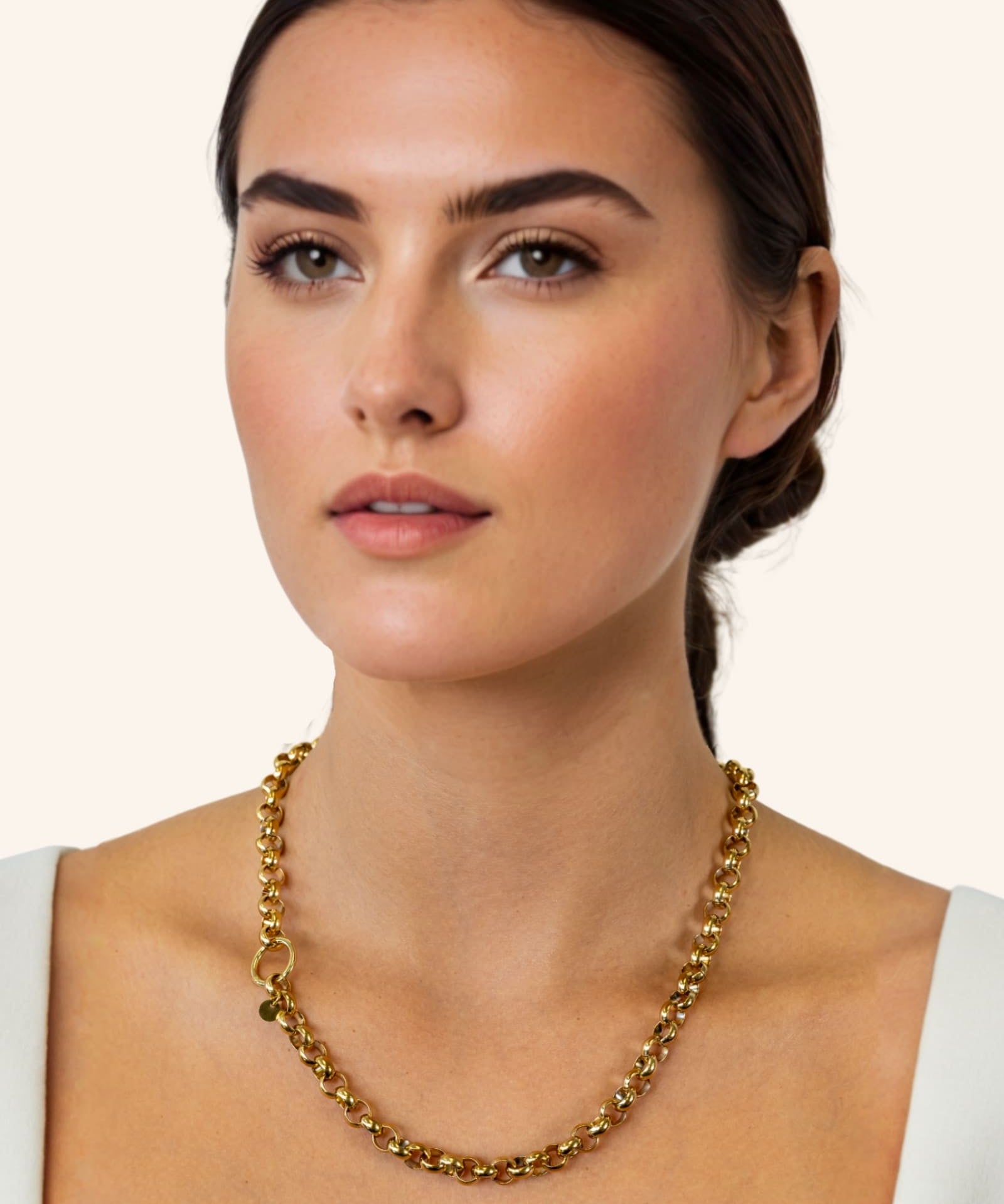 Belcher Charm Gold Chain Necklace by Lavana, on model chunky belcher links with openable front ring for charms