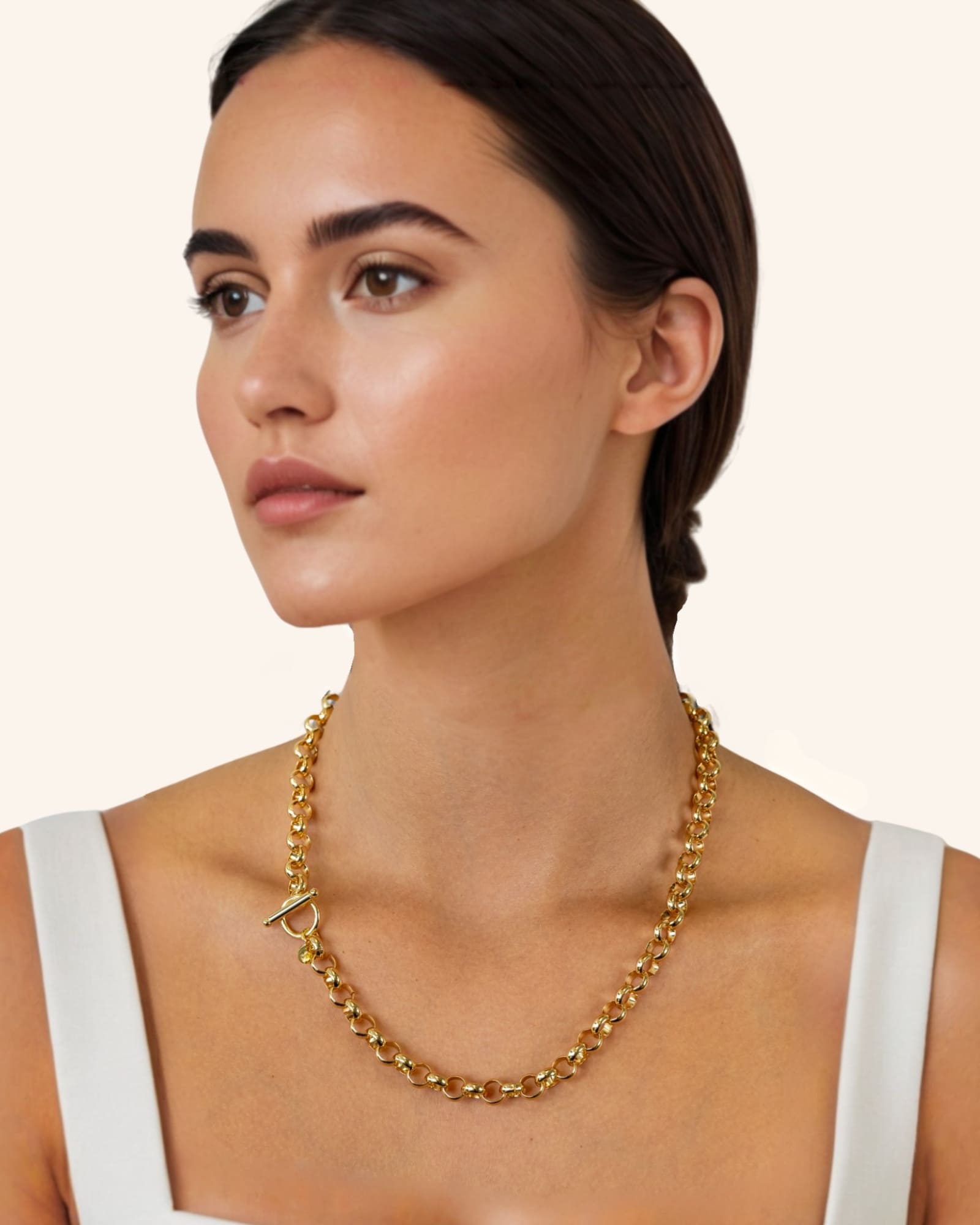 Belcher T-Bar Gold Chain Necklace by Lavana, on model with chunky rounded links and T-Bar