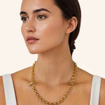 Belcher T-Bar Gold Chain Necklace by Lavana, on model with chunky rounded links and T-Bar