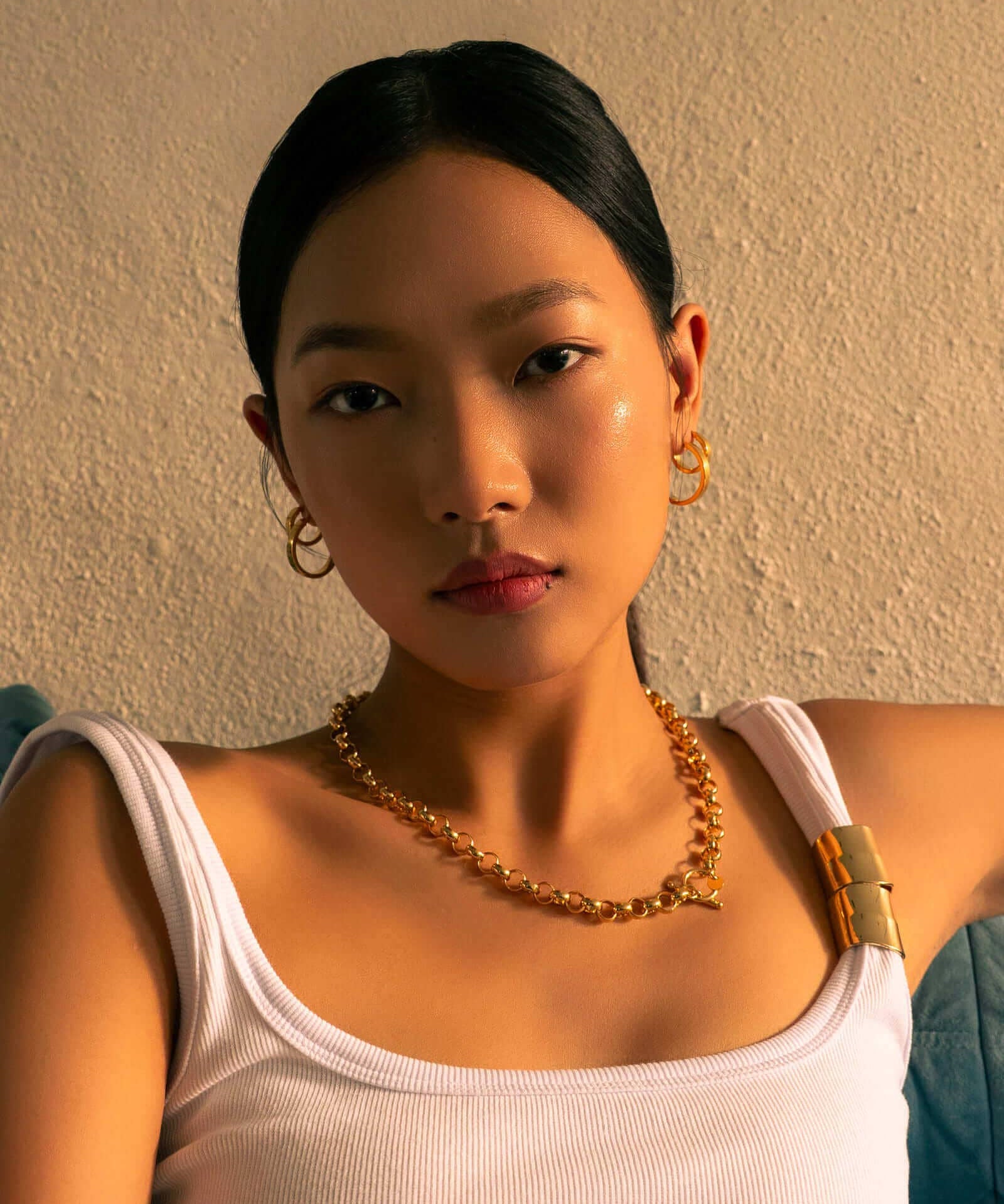 Belcher T-Bar Gold Chain Necklace by Lavana, on model; with classic chunky rounded links and T-Bar 
