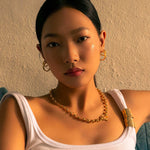 Belcher T-Bar Gold Chain Necklace by Lavana, on model; with classic chunky rounded links and T-Bar 
